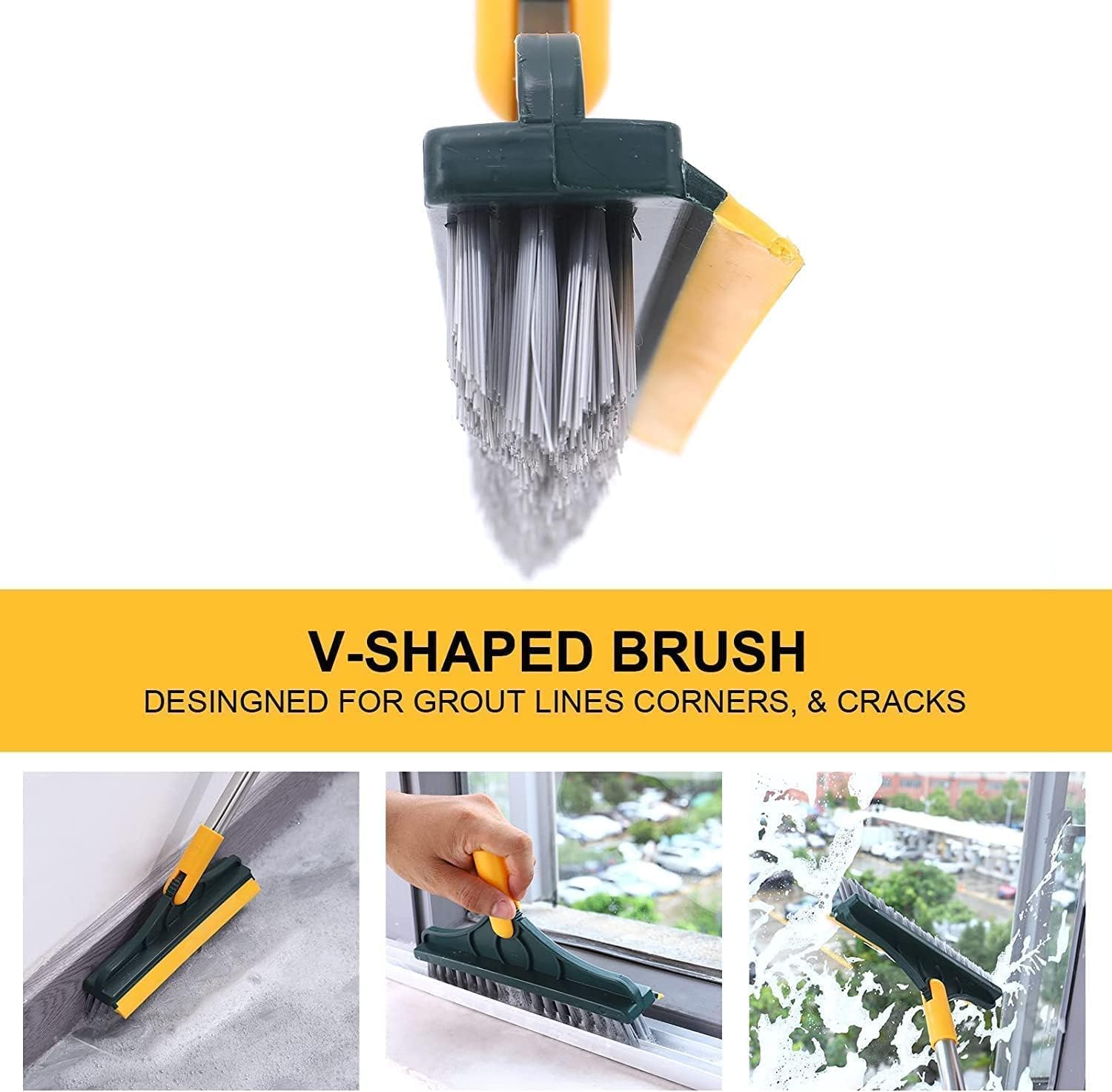 2-in-1 Bathroom Cleaning Brush with Wiper & Long Handle - 120° Rotating Tile & Floor Scrub Brush for Shower, Bathtub & Hard Surfaces - Home Cleaning Tool (Yellow & Silver) - Perfect for Deep Cleaning Grout, Corners & Hard-to-Reach Areas