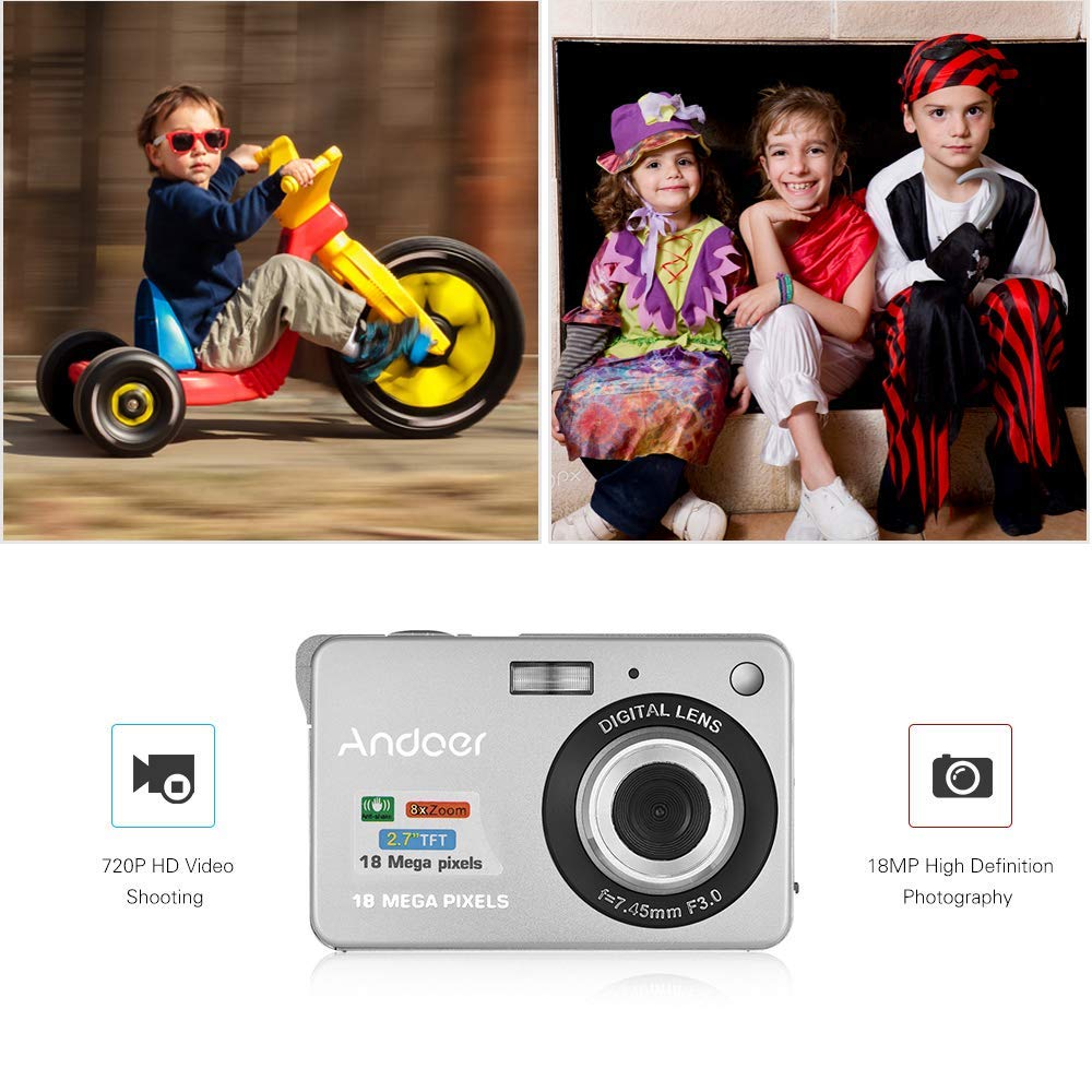 Andoer 18MP 720P HD Digital Camera for Kids with 2 Rechargeable Batteries, 8X Zoom, 2.7
