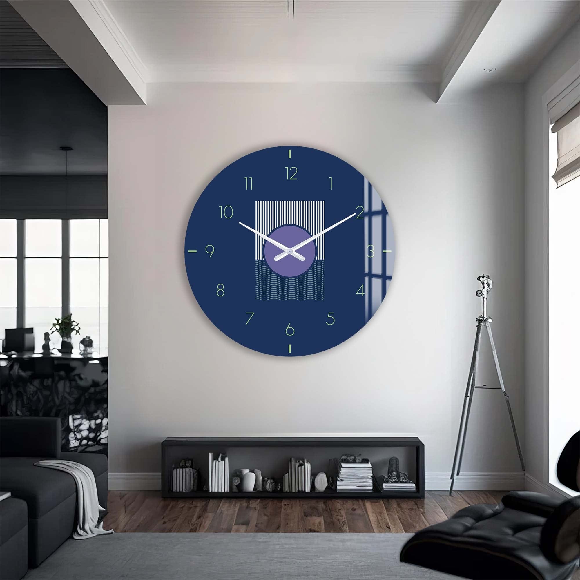 Navy Blue Glass Wall Clock - Modern Decorative Clock for Living Room, Bedroom & Office - Silent Non-Ticking Battery Operated