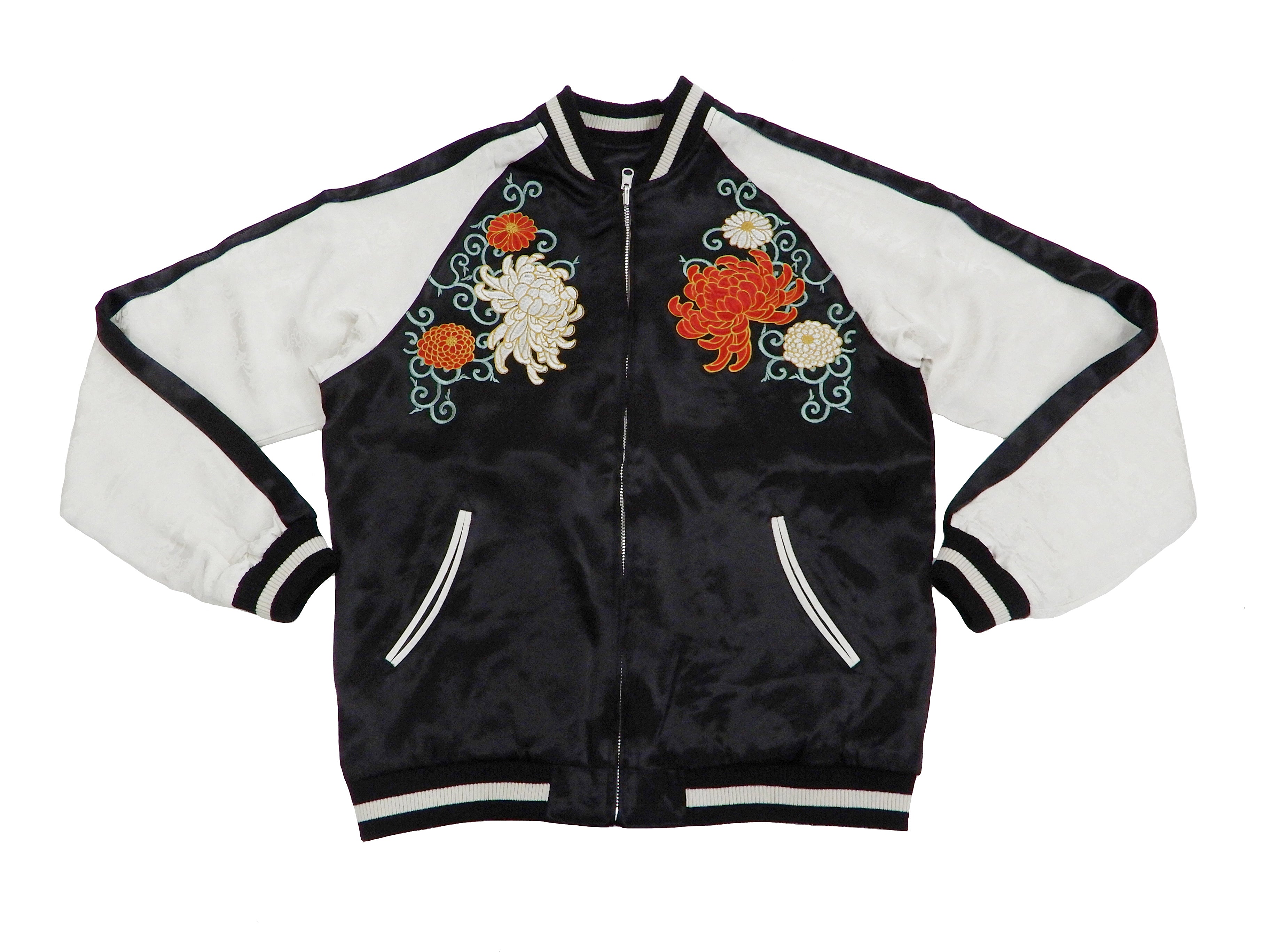 Japanese Souvenir Jacket for Men - Black/Off White Chrysanthemum Sukajan Bomber Jacket | Vintage-Inspired Asian Streetwear | Perfect for Casual Outfits, Cosplay & Festival Fashion