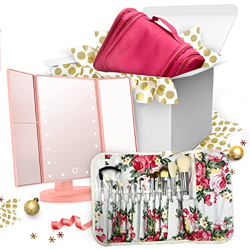 Premium 21-Piece Makeup Brush Set with LED Vanity Mirror & Travel Toiletry Bag - Perfect Gift for Women, Girlfriend, Mom - Ideal for Home, Travel, and Holiday Gift Baskets