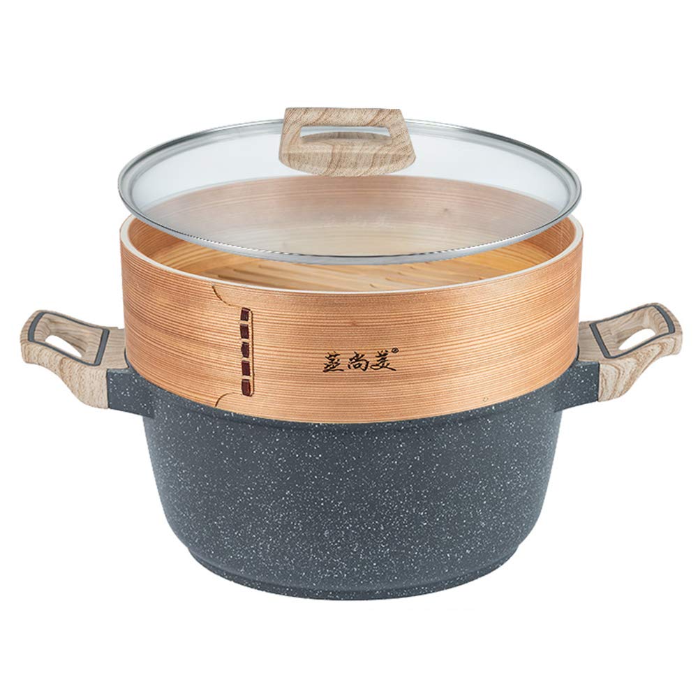 HCooker Medical Stone Non-Stick Soup Pot with Glass Lid & Wooden Steamer - 9.4 Inch Casserole Dish for Healthy Cooking, Stockpot for Soups, Stews & Steaming - Perfect for Home Kitchens & Meal Prep