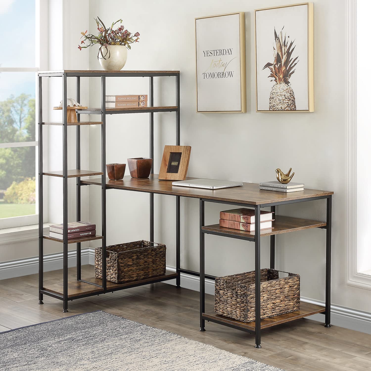Modern Large Office Computer Desk with Bookshelf & Storage Shelves - Spacious Workstation for Home Office, Study, or Gaming Room - Tenozek Ergonomic Design for Productivity & Organization