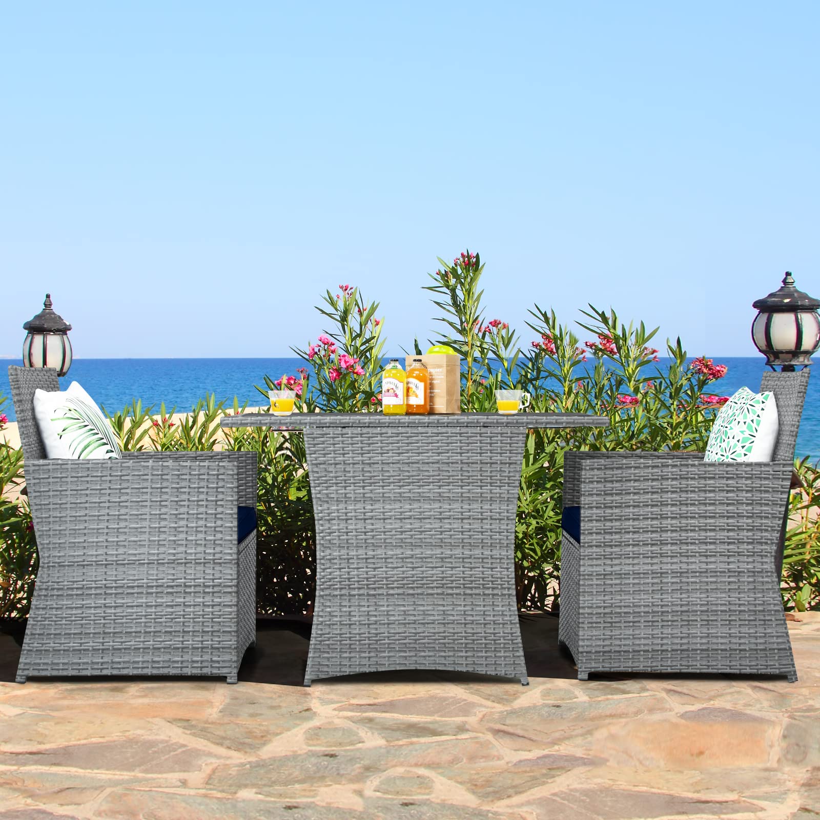 Tangkula 3-Piece Outdoor Dining Set - PE Rattan Bistro Set with Tempered Glass Table & Cushioned Chairs - Space-Saving Patio Furniture for Garden, Backyard, Poolside, Porch - Perfect for Al Fresco Dining, Outdoor Entertaining & Relaxation