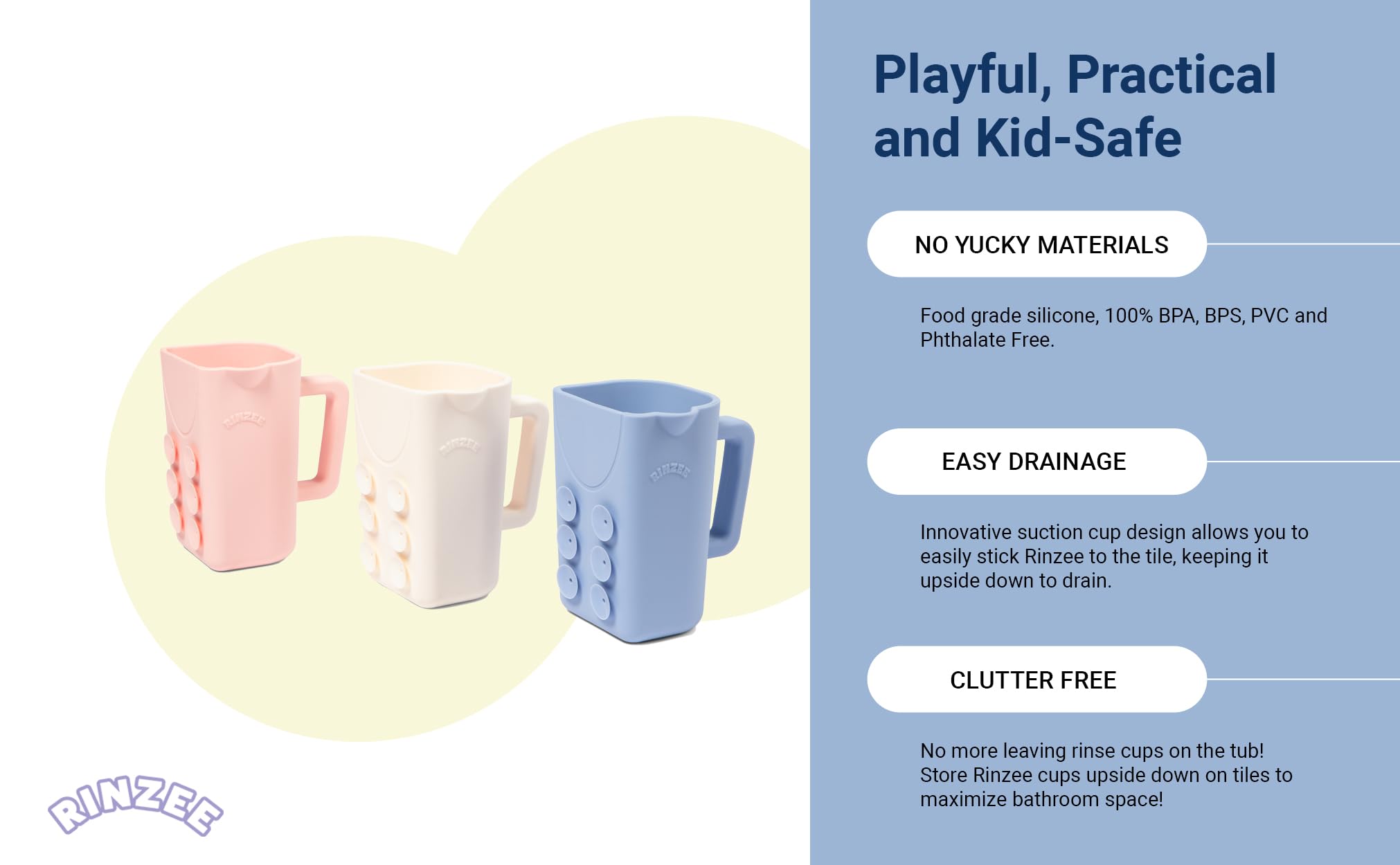BPA Free Baby Bath Cup with Suction - 100% Food Grade Silicone Rinse Cup for Toddlers | Non-Slip Design Sticks to Tiles | Drain Water Upside Down | Perfect Bath Time Learning Tool for Kids | Keeps Tub Area Clutter-Free | Ideal for Baby Bathing, Hair Washing & Playtime