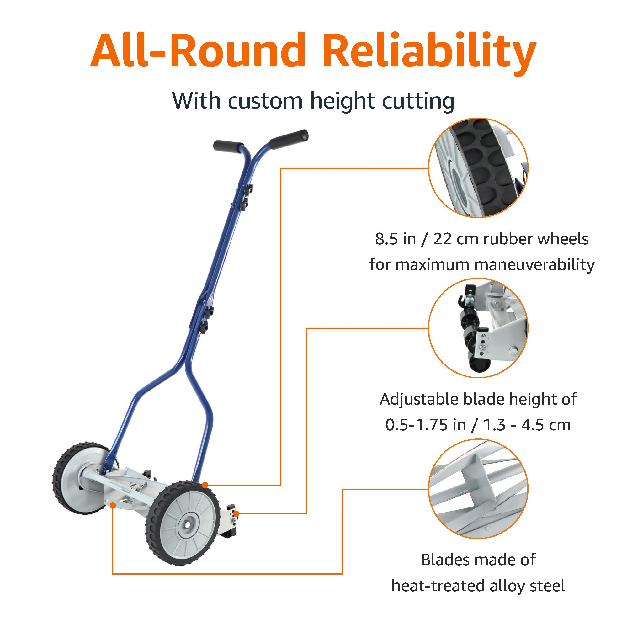 Amazon Basics 14-Inch 4-Blade Push Reel Lawn Mower - Lightweight Manual Grass Cutter for Small to Medium Yards, Eco-Friendly & Quiet Lawn Care Tool - Perfect for Home Gardens, Patios, and Backyards