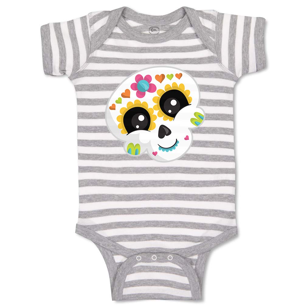 Custom Personalized Sugar Skull Baby Bodysuit - Funny Cotton Onesie for Boys & Girls (0-18 Months) | Gray & White Striped Design - Perfect for Halloween, Diaper Parties & Photo Shoots