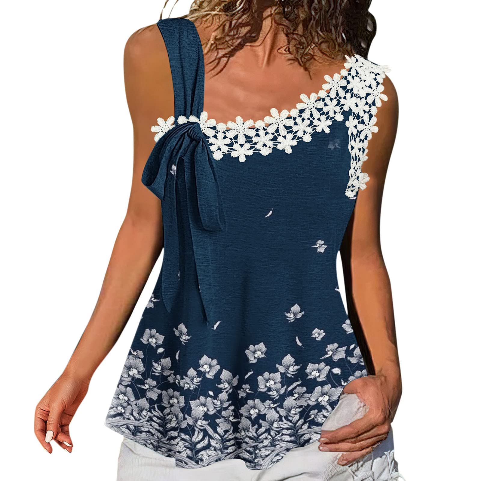 Women's Floral Lace Trim Tank Top - Summer Sleeveless Blouse for Casual Wear