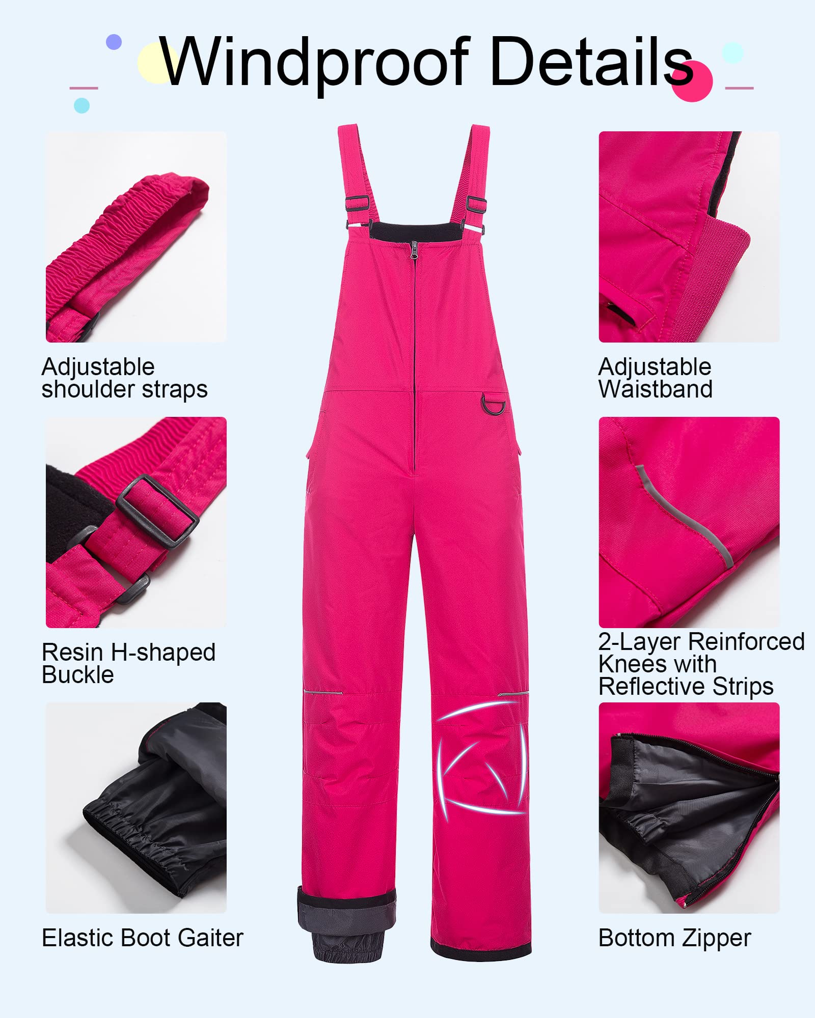 CREATMO Girls Snow Bibs for Kids - Waterproof Insulated Ski Pants & Winter Overalls for Cold Weather - Perfect for Skiing, Snowboarding & Outdoor Winter Activities
