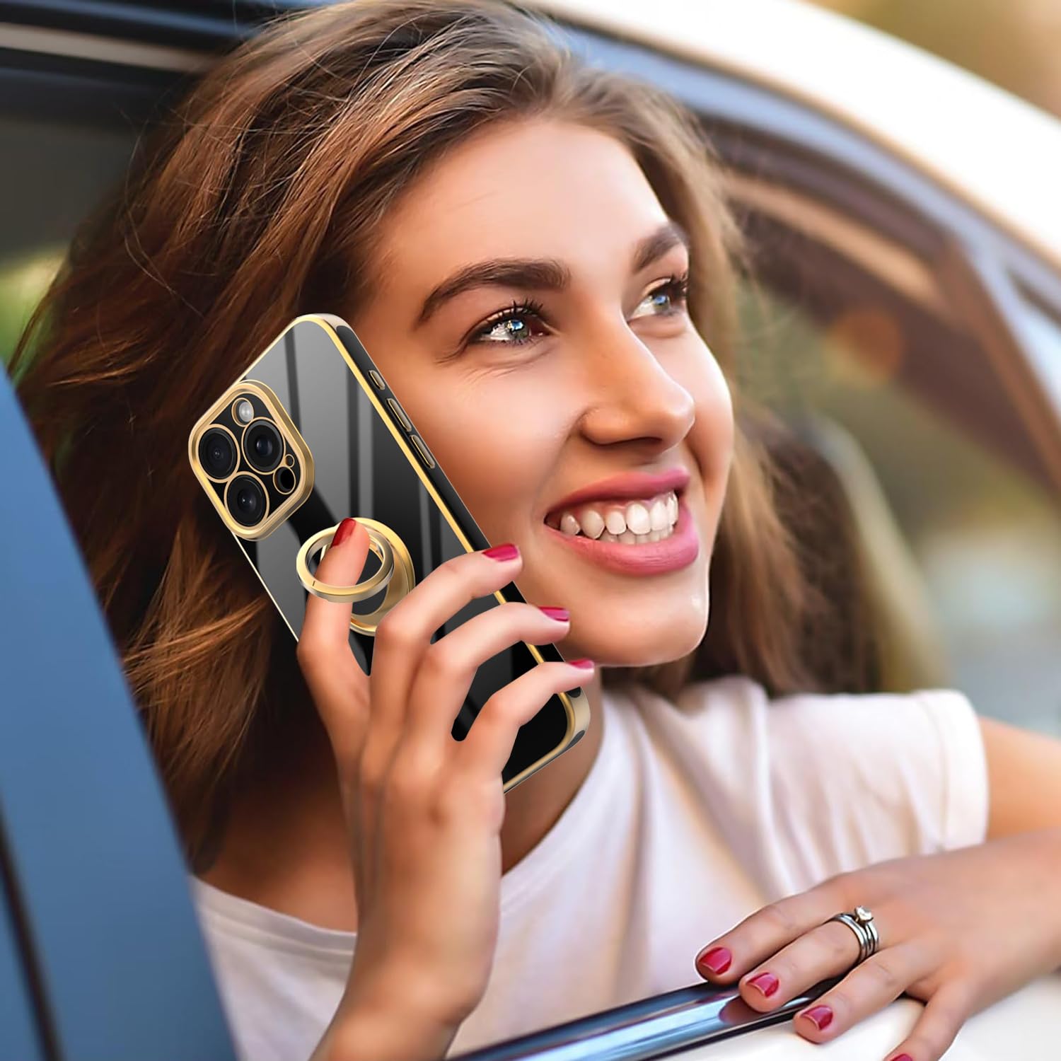 Premium iPhone 15 Pro Max Case with Multi-Function Finger Ring Stand - Upgraded Camera Protection & Gold Plated Slim Cover (Black) | Perfect for Everyday Use, Travel & Hands-Free Viewing
