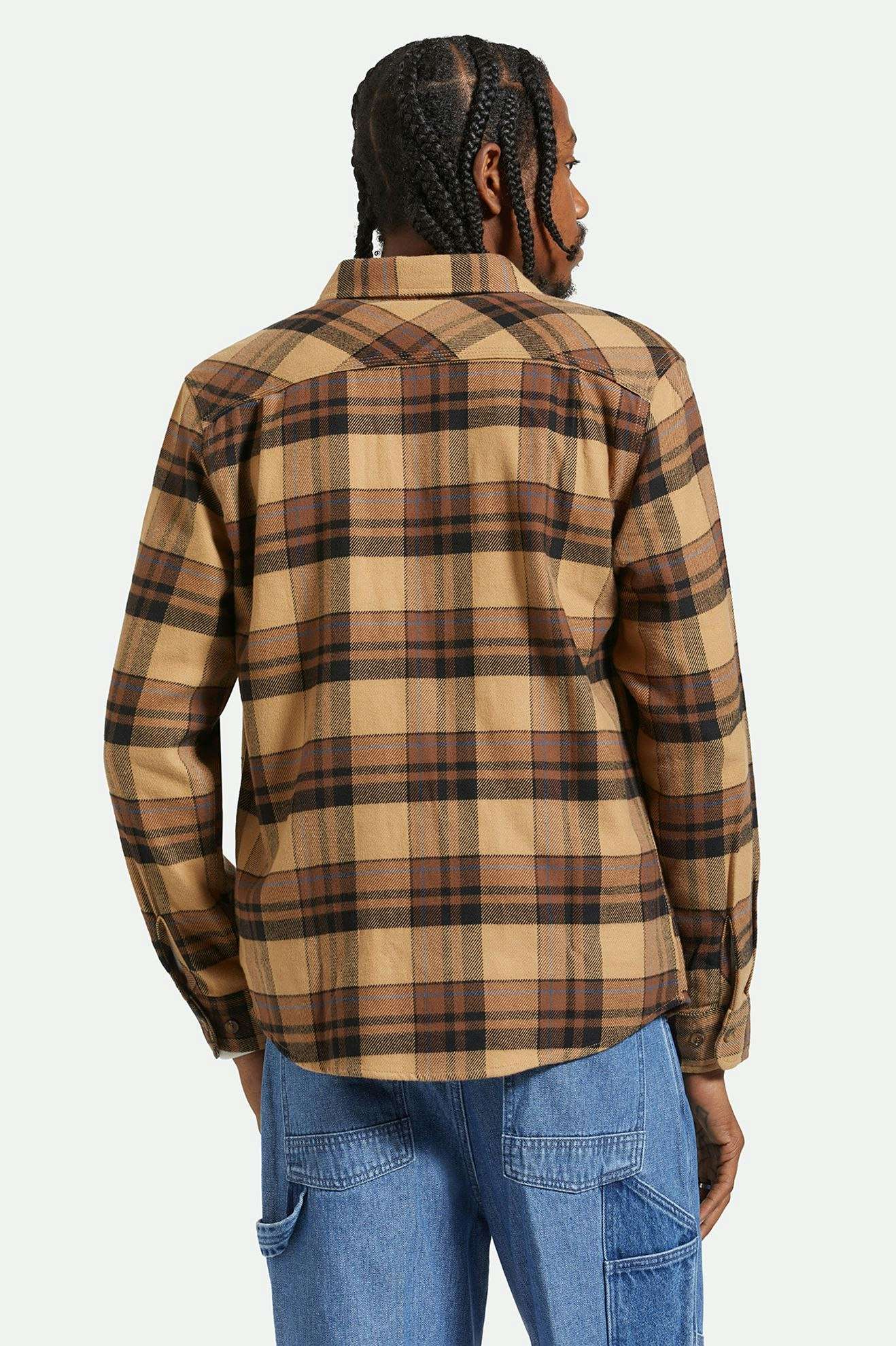 Bowery Long Sleeve Flannel Shirt - Tiger's Eye, Pinecone Brown & Washed Black Plaid - Cozy Fall & Winter Layering for Men