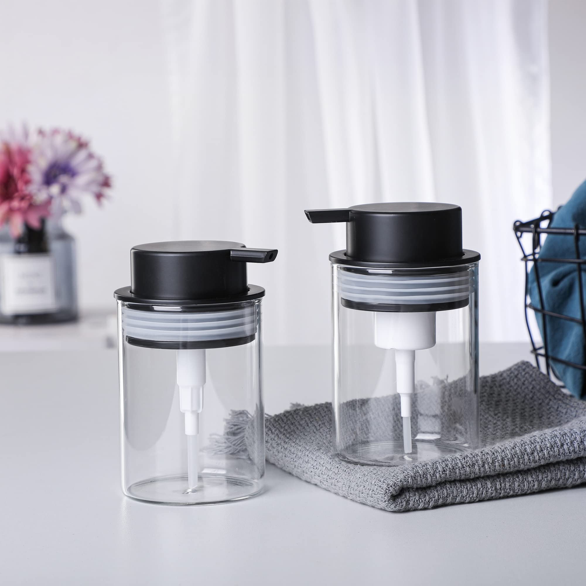 10 Oz Clear Glass Dish Soap Dispenser with Rust-Proof Plastic Pump - Refillable Round Hand Lotion Bottle for Kitchen Sink, Bathroom Counter & Vanity Organization