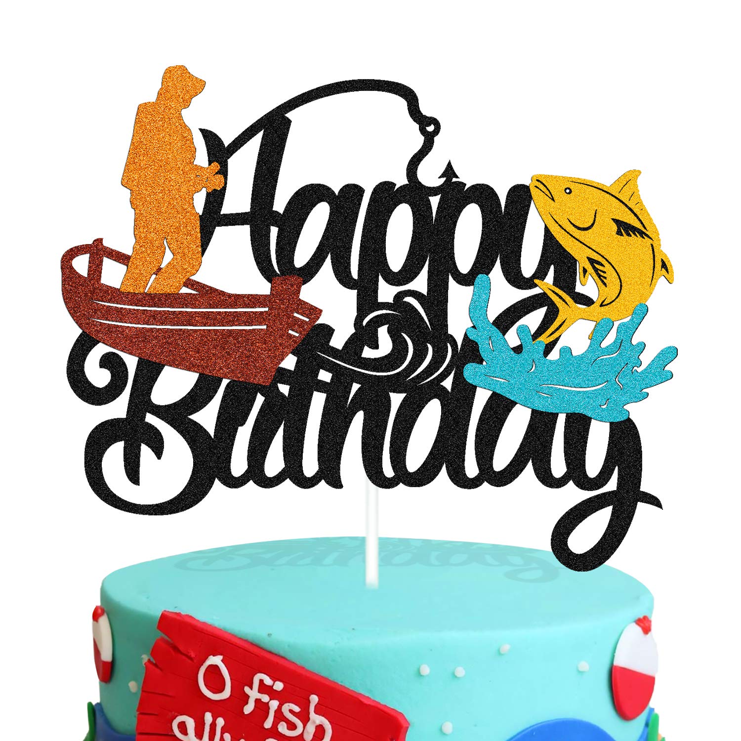 Double Sided Fish Cake Topper - Fishing Pole, Bait & Boat Themed Birthday Decoration for Kids | Perfect for Fishermen, Angler & Fishing Party Supplies | Ideal for Boys, Girls & Children's Birthday Cakes