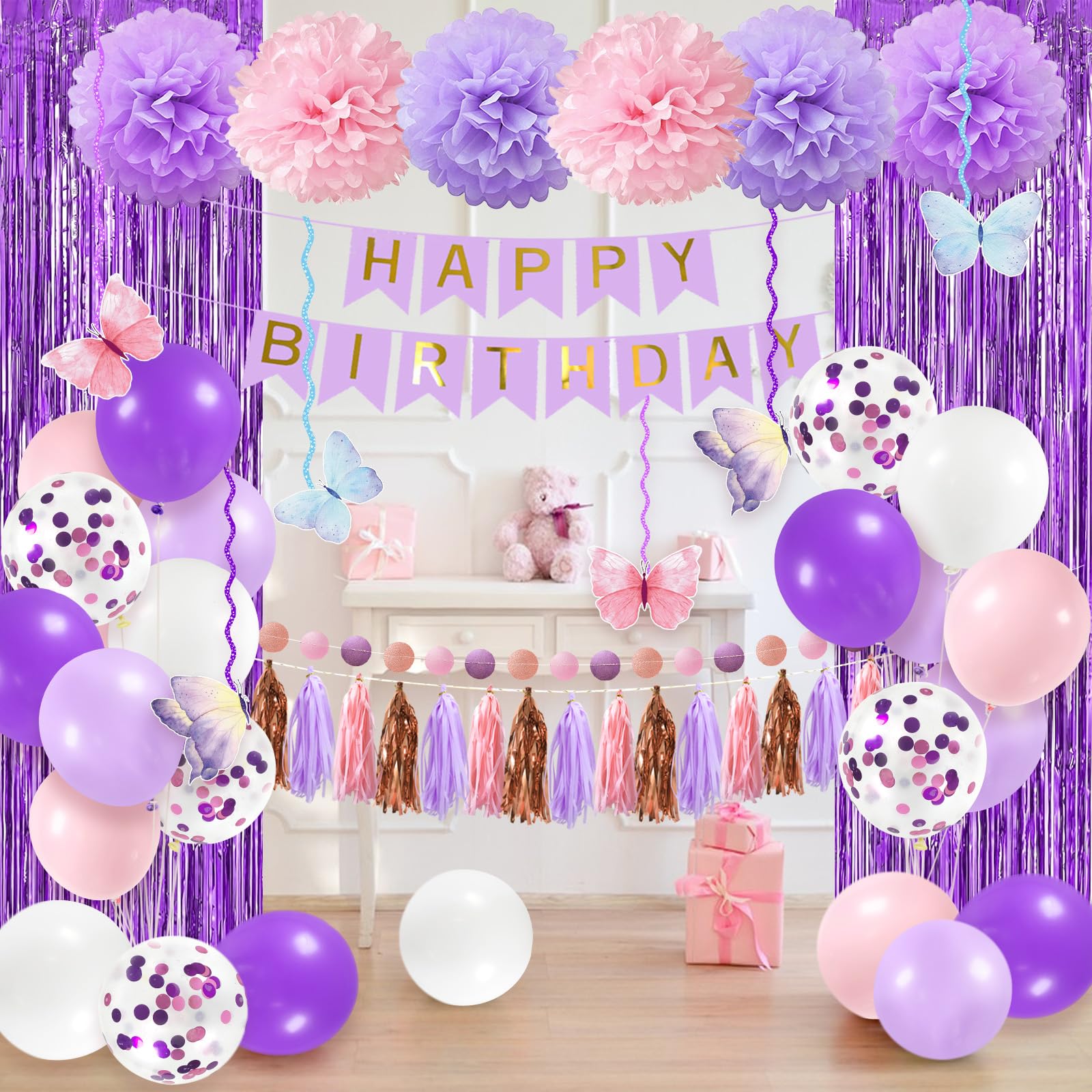 Pink & Purple Birthday Party Decorations Kit - Hanging Swirls, Tissue Pom Poms, Circle Dots, Tassel Garland, Balloons & Fringe Curtain for Women's Birthday Celebration | Perfect for Baby Showers, Bridal Showers & Anniversary Parties