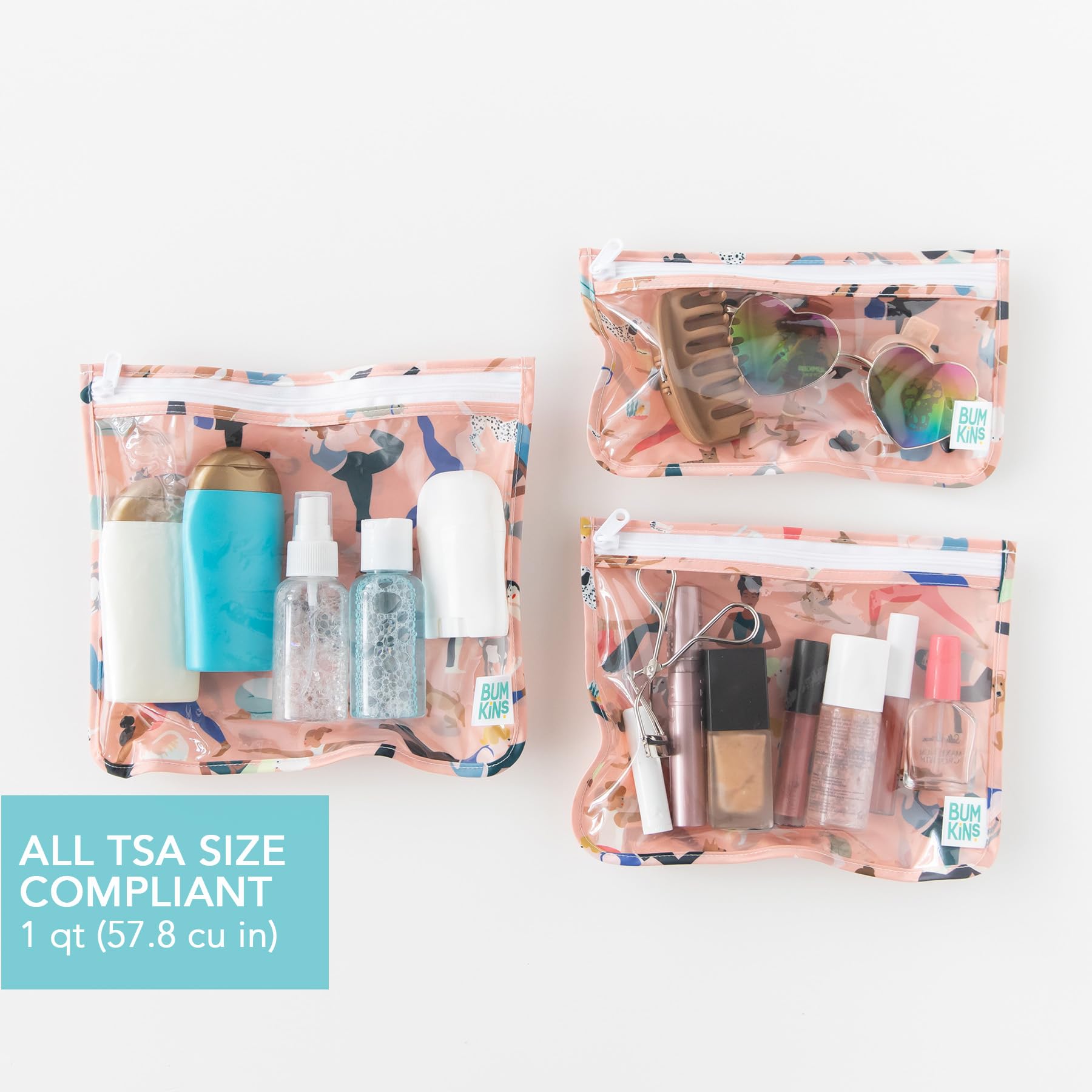 Bumkins 3-Piece TSA Approved Travel Toiletry Bag Set - Clear Quart Size Zip Pouch for Airplane Carry On, Baby Diaper & Makeup Organization | Perfect for Yoga, Gym & Family Trips