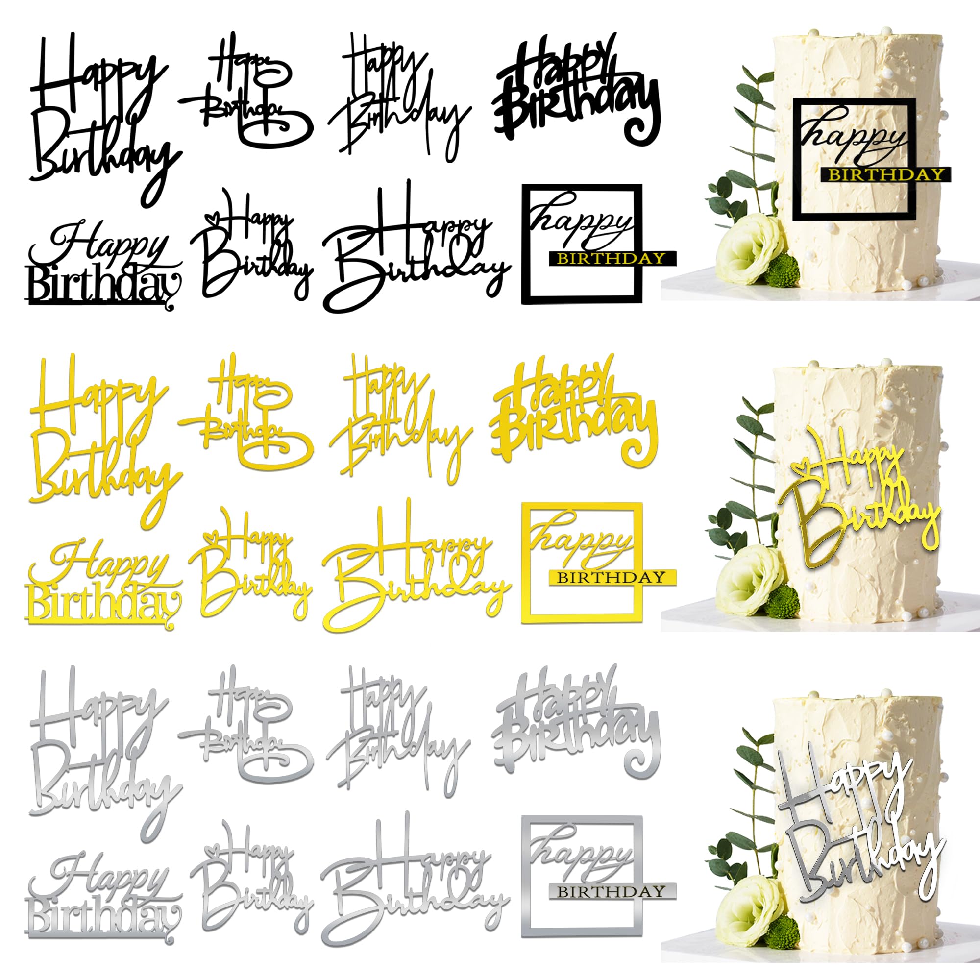 24 PCS Happy Birthday Acrylic Mirror Cake Toppers - 8 Styles & 3 Colors for Cake Decorations, Cupcake Toppers, Desserts & Pastries - Perfect for Birthday Parties, Weddings & Baby Showers