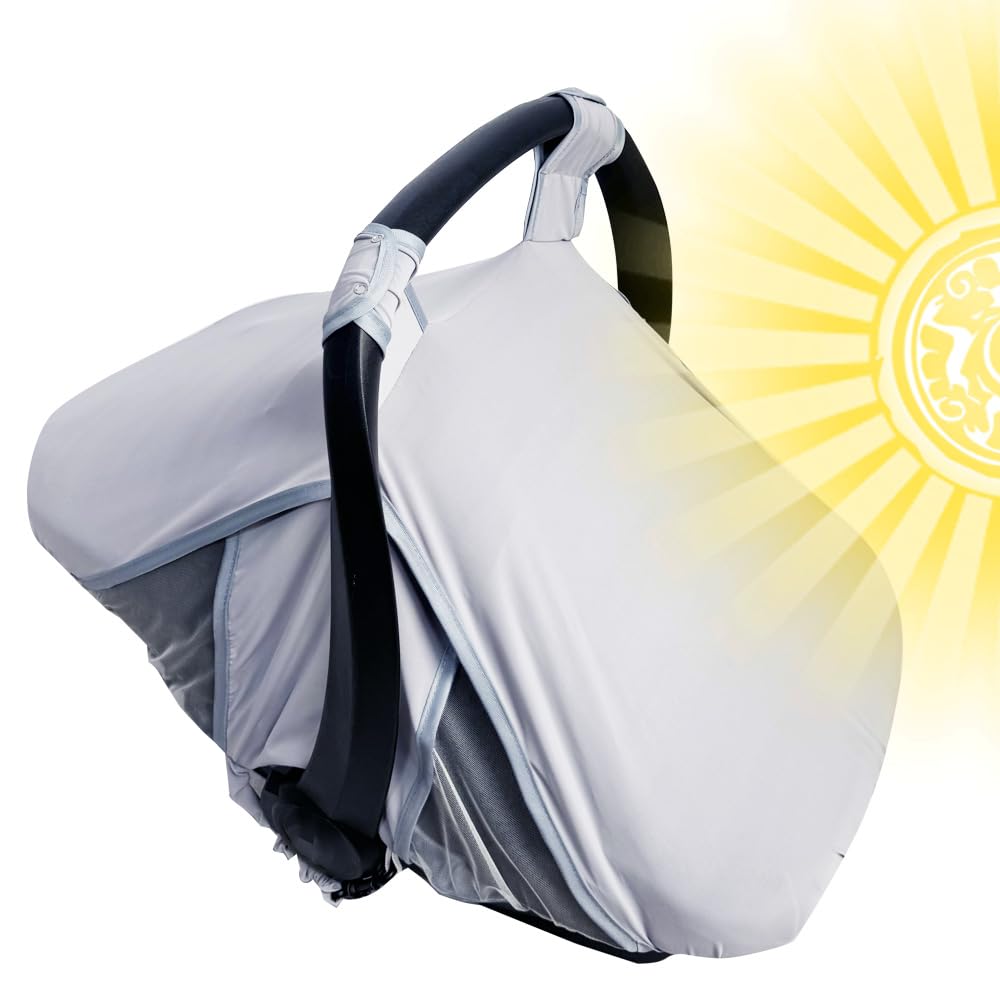 RHYDEER 2-in-1 Baby Car Seat Cover with Mosquito Net & Sun Shade - Breathable Grey Infant Car Seat Protector for UV Protection & Bug Prevention - Perfect for Strollers, Travel, and Outdoor Adventures