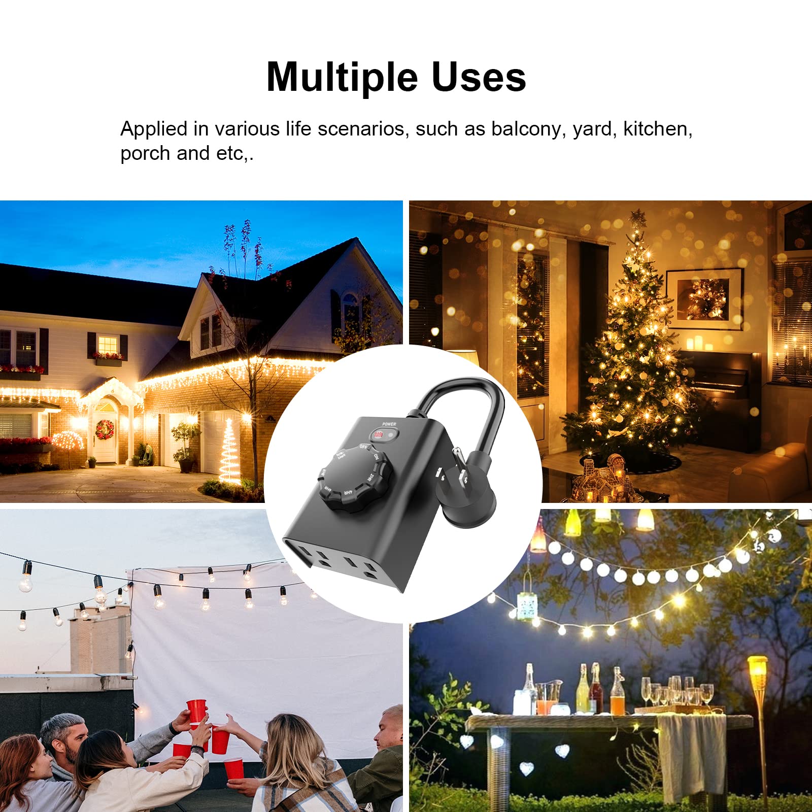 Outdoor Timer Outlet with Dusk to Dawn Sensor - Waterproof Dual Grounded Outlets for Holiday Lights & String Lights - ETL & FCC Certified - Perfect for Christmas Decor, Patio Lights & Garden Lighting