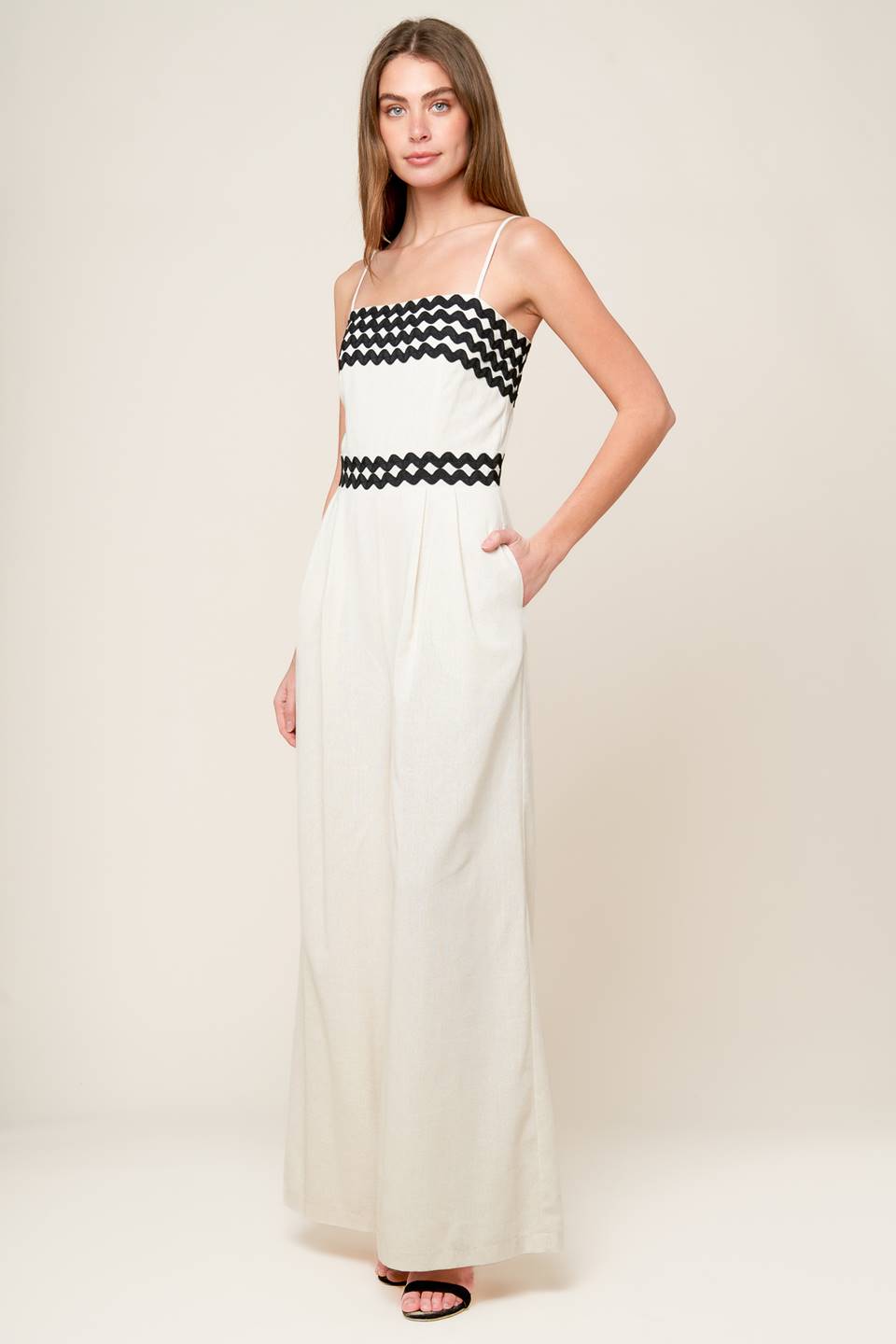 MEET AT THE PIER Cream Ric Rac Trim Wide Leg Jumpsuit - Stylish Summer Beach Outfit for Women | Perfect for Vacations, Parties & Casual Wear