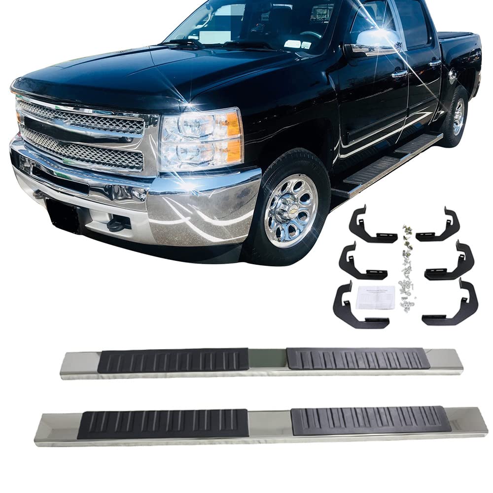 IKON MOTORSPORTS 6-Inch Chrome Running Boards Nerf Bars - Compatible with 2007-2018 Chevy Silverado 1500 & GMC Sierra 1500 Crew Cab, 2007-2019 Chevy Silverado 2500HD/3500HD - Durable Step Bars for Easy Truck Access & Off-Road Protection