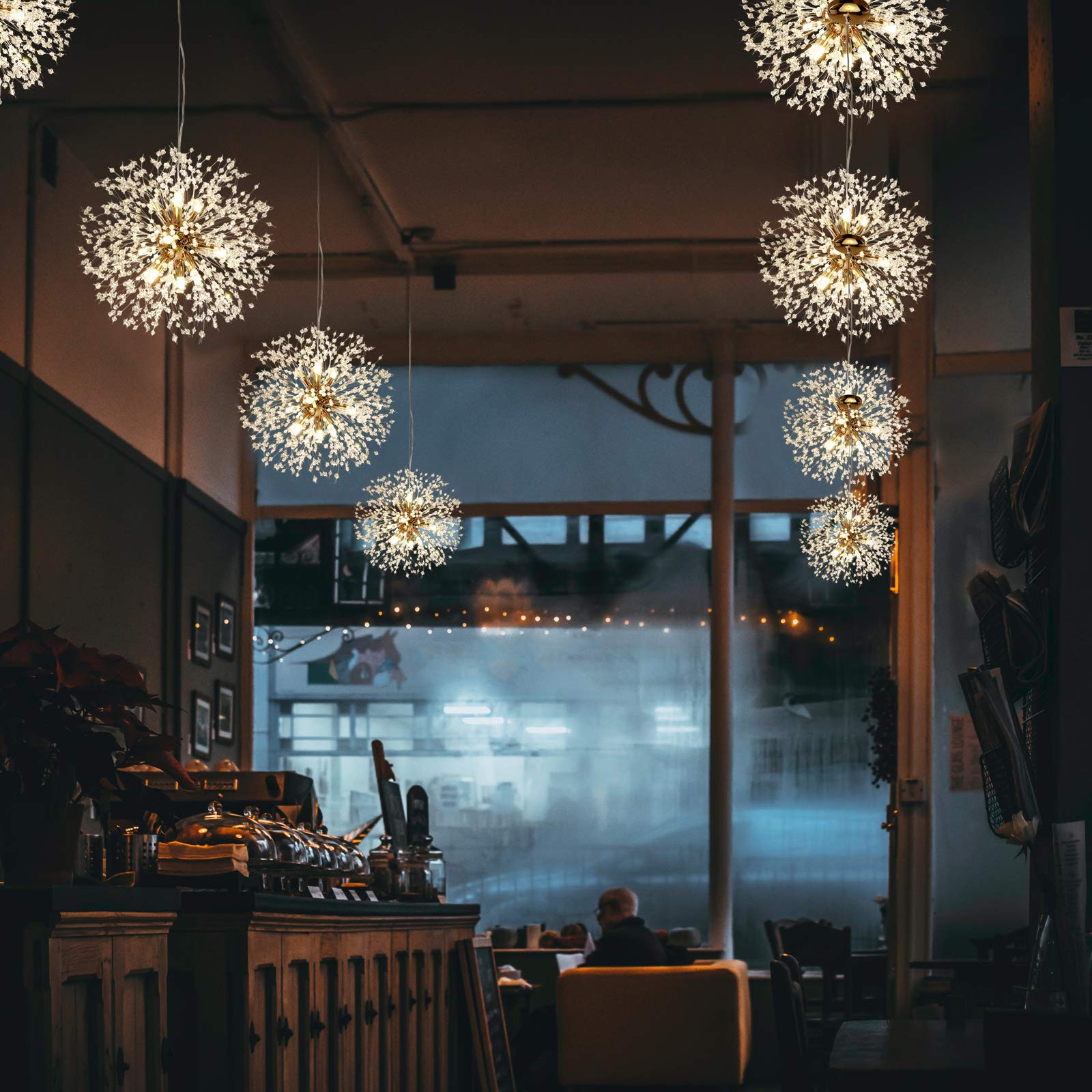 Modern Crystal LED Chandelier - 9-Light Gold Firework Dandelion Ceiling Light Fixture for Bedroom, Living Room, Dining Room | Elegant Lighting for Home Decor, Restaurants & Bars | Energy-Efficient Dimmable Hanging Light for Romantic Ambiance & Special Occasions