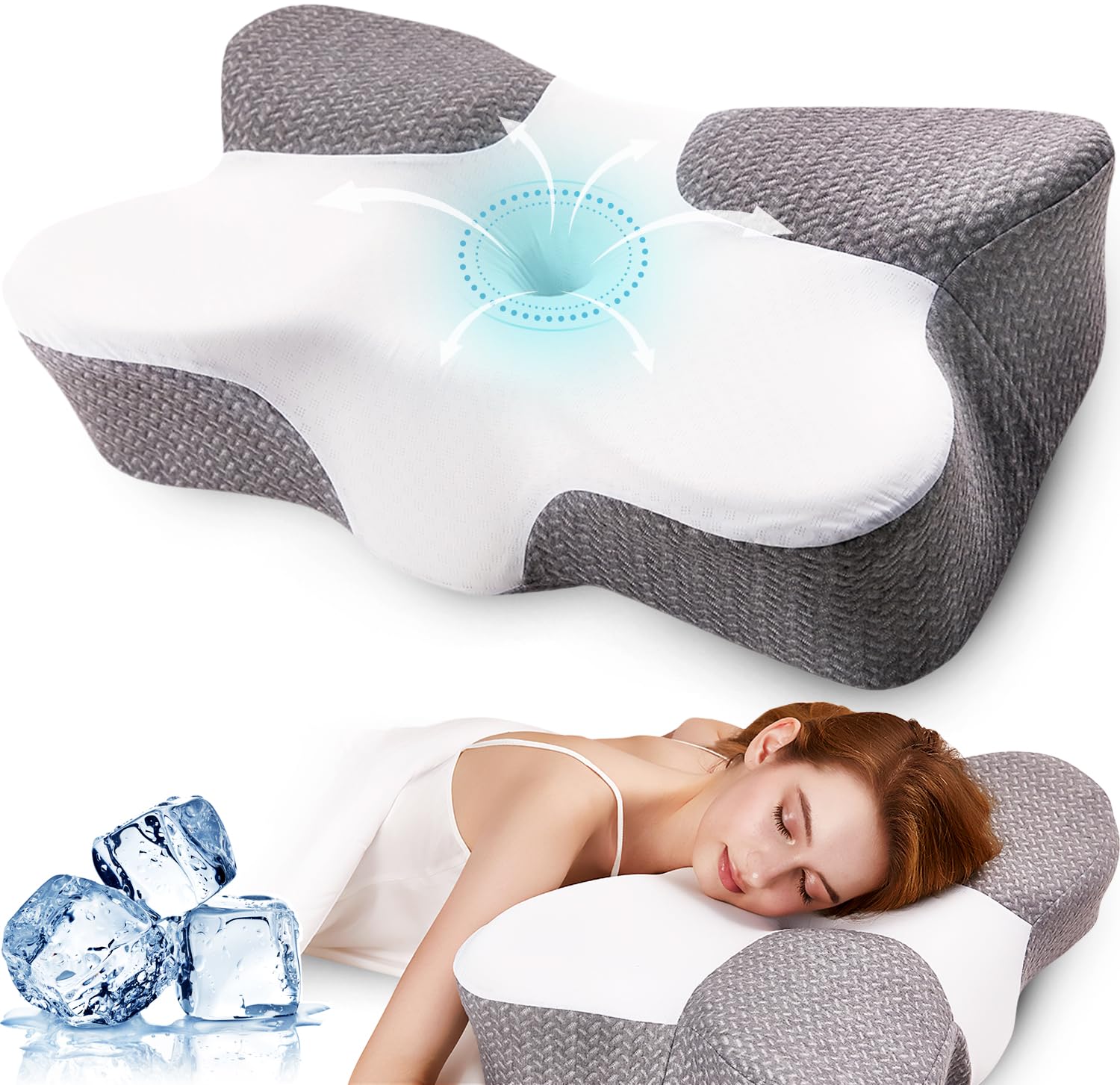 **Orthopedic Memory Foam Cervical Pillow for Neck Pain Relief - Ergonomic Contour Support Pillow for Side, Back & Stomach Sleepers - Hypoallergenic & Odorless - Dark Grey & White - Perfect for Travel, Office & Home Use**