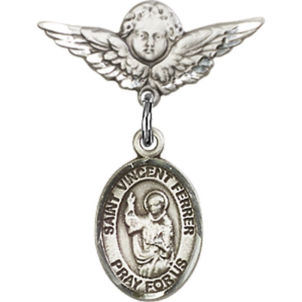 St. Vincent Ferrer Sterling Silver Baby Badge with Angel Wing Charm - 7/8 X 3/4 Inch Religious Pin for Baptism, First Communion & Christening Gifts
