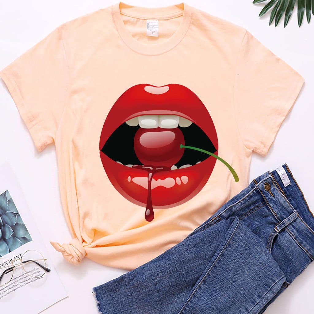 Lovevop Stylish Summer Lip Print Short Sleeve T-Shirt for Women - Trendy Casual Tee for Beach, Vacation & Everyday Wear