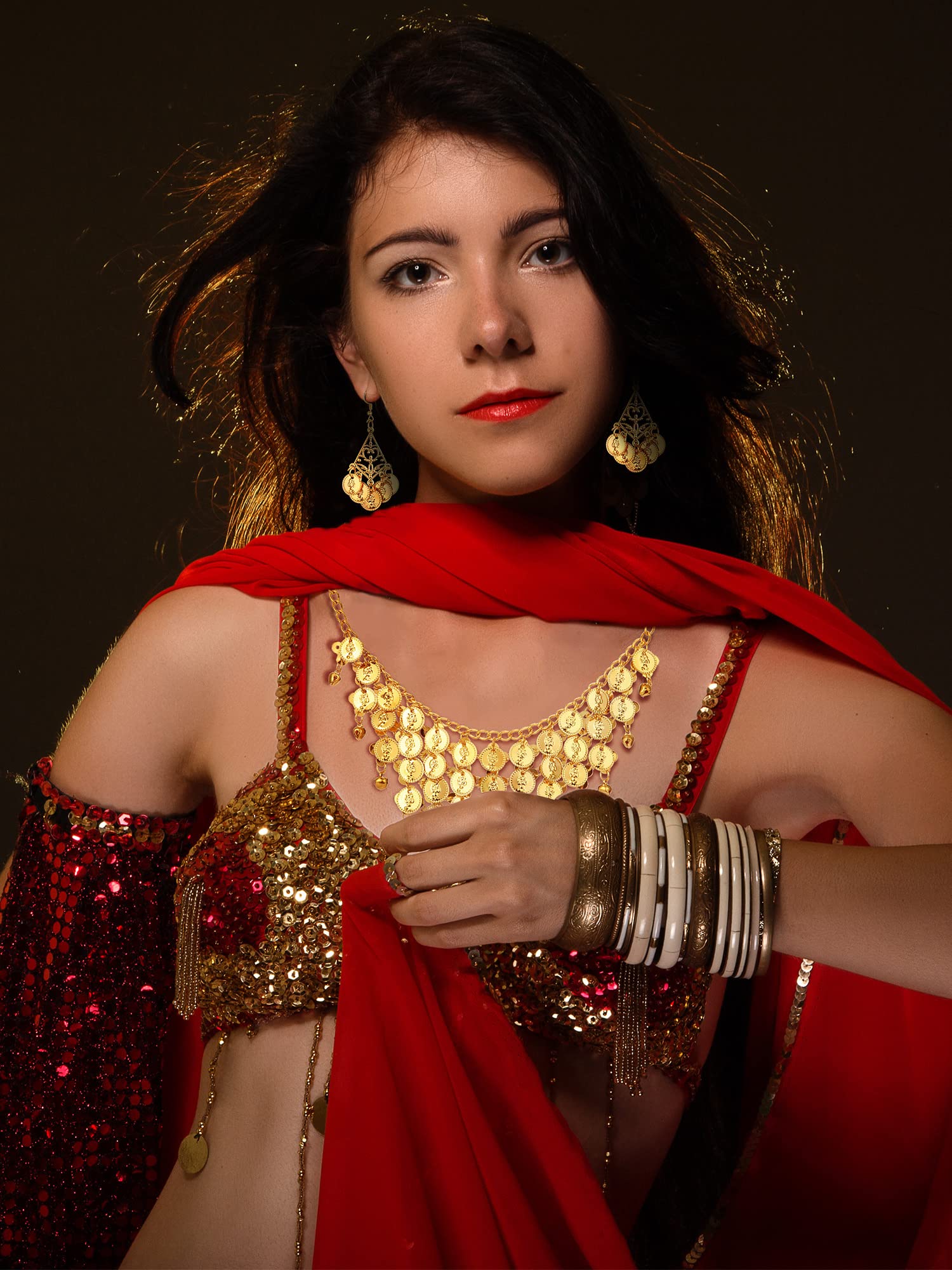 Hicarer Women's Belly Dance Costume Set - Gold Hip Scarf Wrap Belt, Necklace & Earrings for Gypsy, Cosplay, Halloween and Performance
