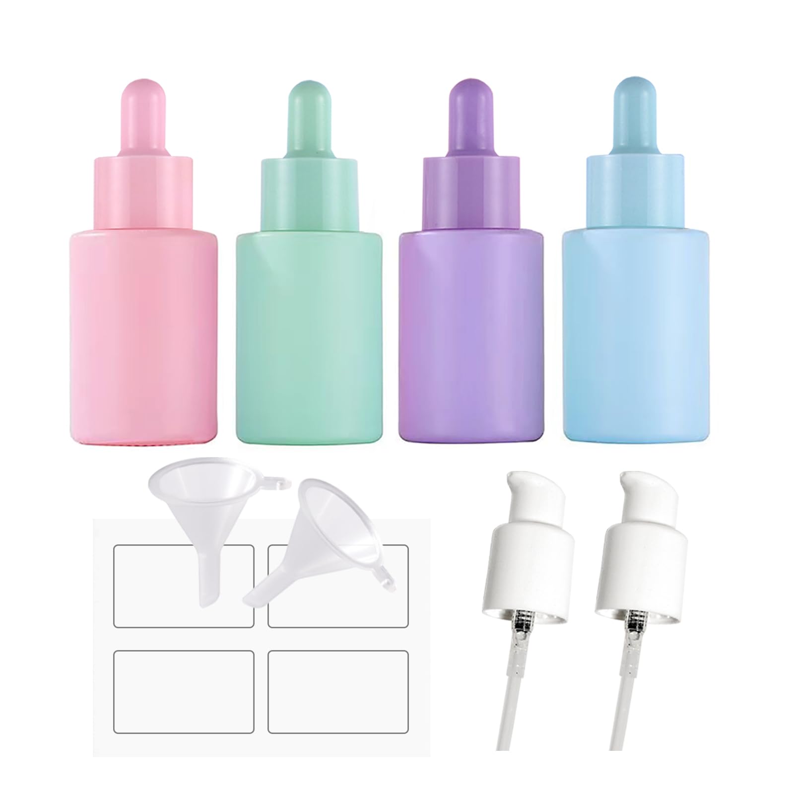 4 Pack 1oz (30ml) Glass Dropper Bottles with 2 Funnels & 2 Lotion Pumps - Essential Oil Bottles for Perfumes, Lotions, Serums & Tinctures (Multicolor) - Perfect for DIY Skincare, Aromatherapy & Travel Size Liquids