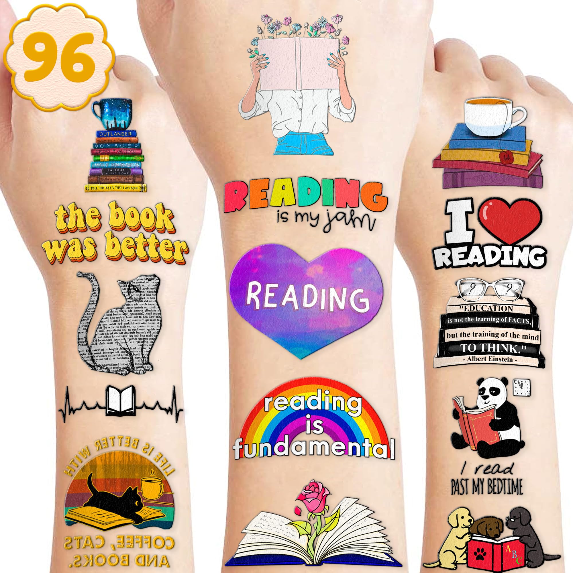 96-Piece Funny Reading Bookish Nerd Temporary Tattoos - Inspirational Stickers for Kids, Girls, Boys & Teachers - Perfect for Birthday Parties, School Rewards & Book-Themed Decorations
