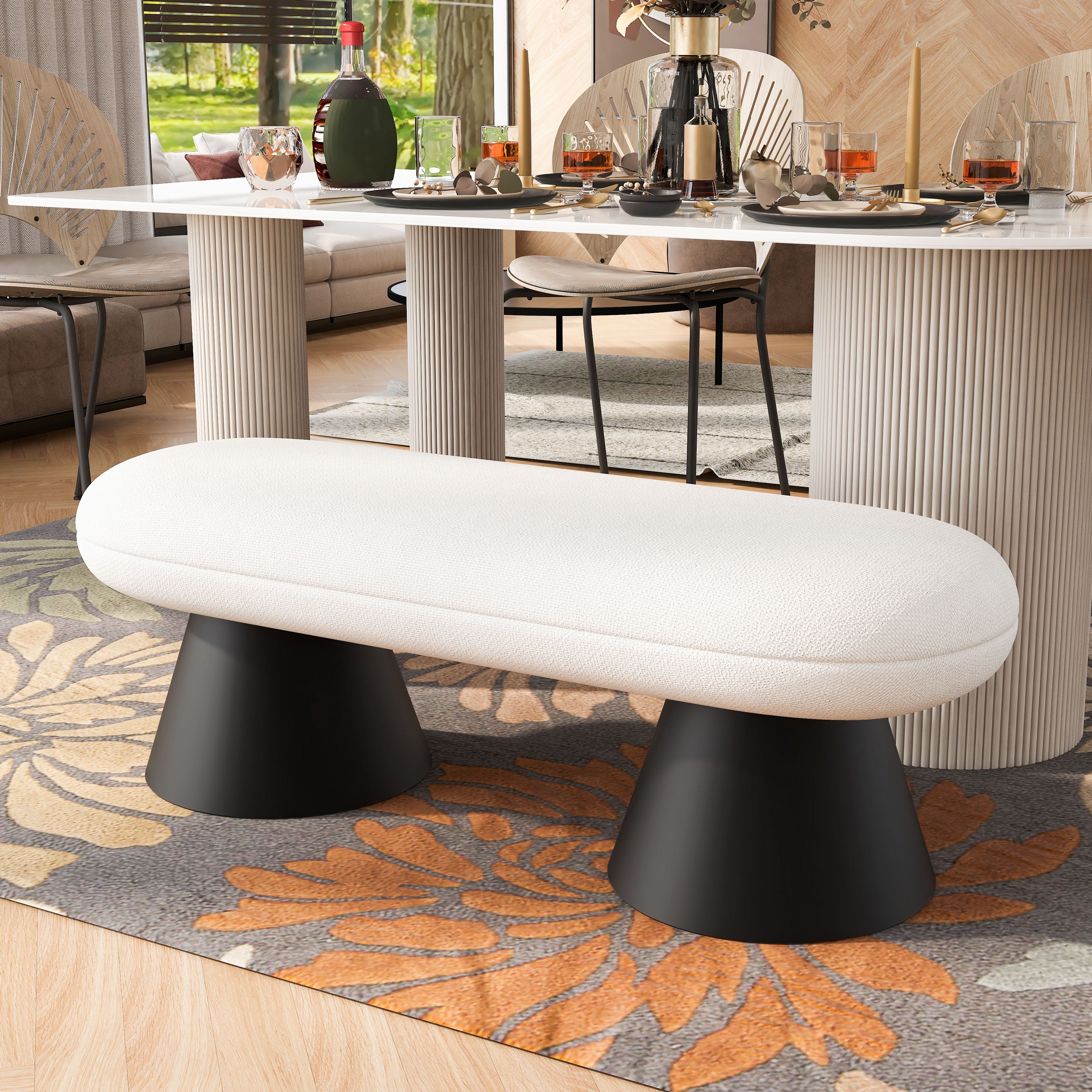 Upholstered Dining Bench with Black Iron Legs - 300 LBS Weight Capacity, Beige Fabric Ottoman for Bedroom, Living Room & Entryway - Perfect for Dining Areas, Footrests & Extra Seating