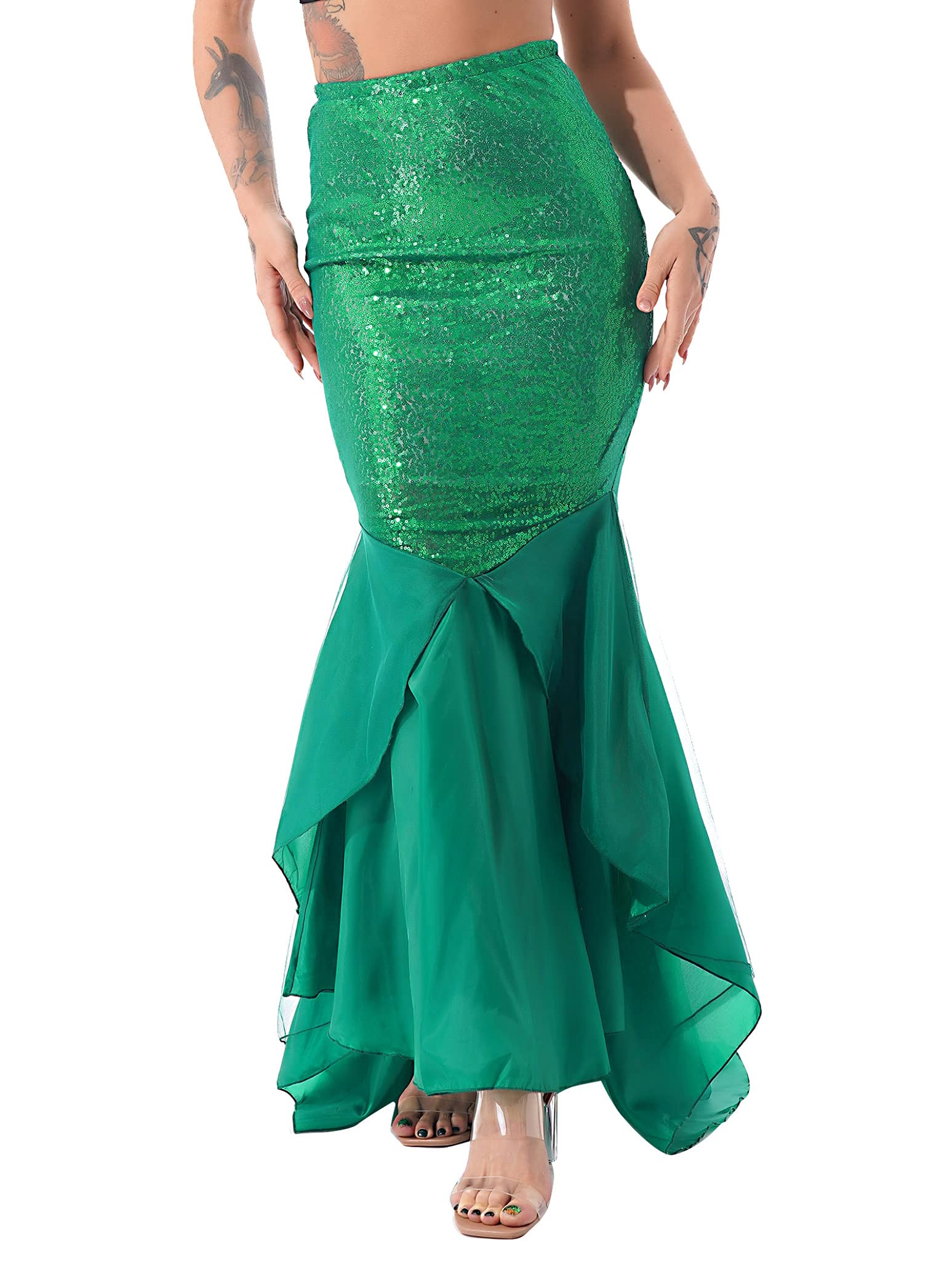 Women's Green Mermaid Tail Halloween Costume - Sequin Princess Maxi Skirt with Asymmetric Hemline for Cosplay, Party & Dress Up | Perfect for Halloween, Themed Parties & Costume Events