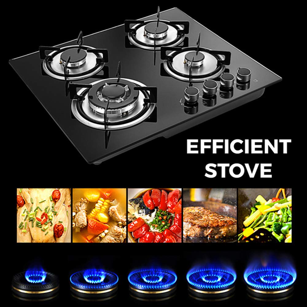 23 Inch 4-Burner Gas Cooktop with Tempered Glass Surface - LPG/NG Dual Fuel Drop-in Gas Hob Panel Conversion Kit (Model DK123-A01S) - Easy Installation for Modern Kitchens | Perfect for Home Cooking, RV Use & Outdoor Kitchens
