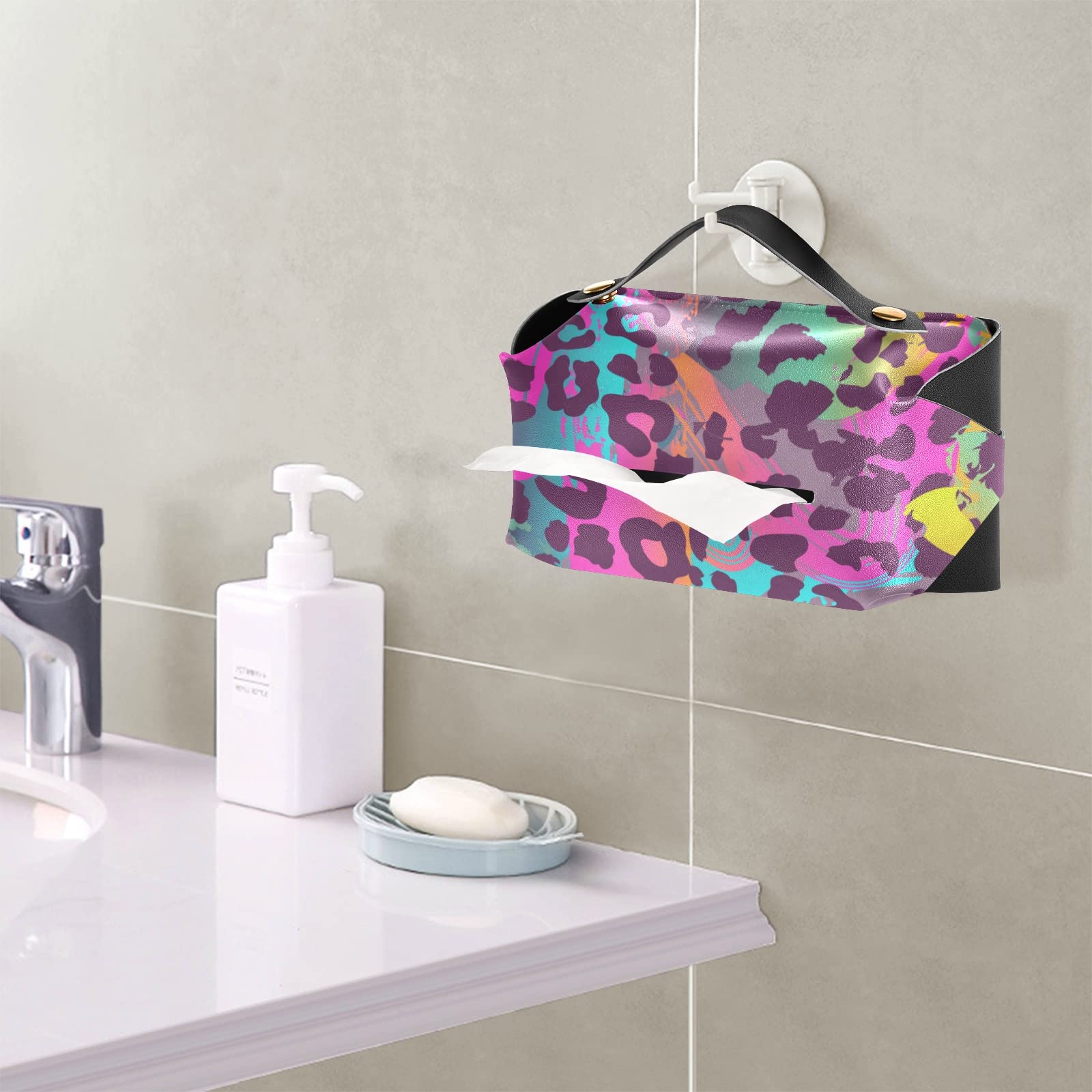 Rainbow Leopard Print PU Leather Tissue Box Cover - Rectangular Bathroom & Countertop Organizer with Handle for Home, Office, Living Room Decor