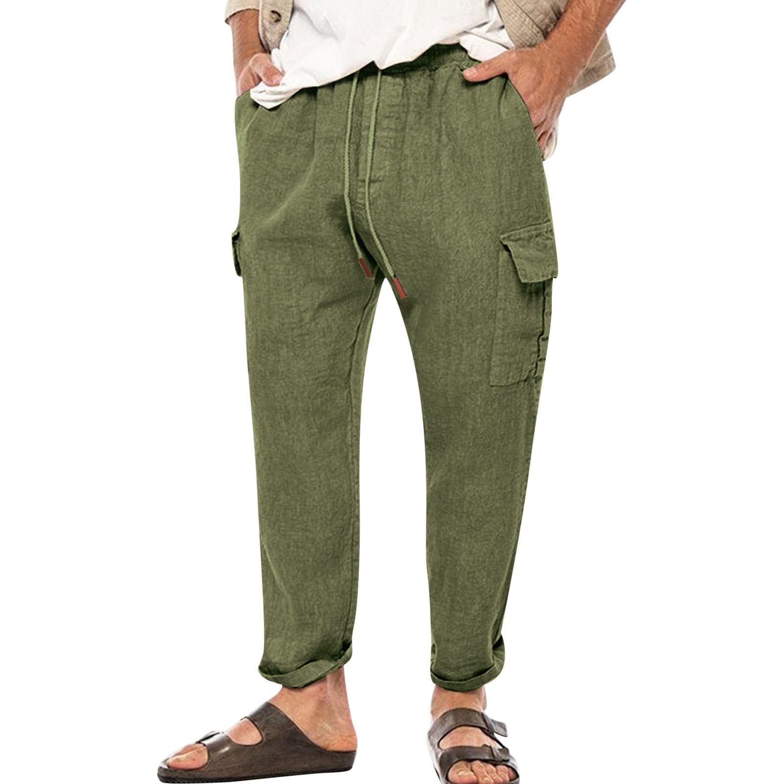 **Men's Cotton Linen Cargo Pants - Elastic Waist with Drawstring, Straight Leg Casual Loose Fit Summer Beach Pants with Multiple Pockets | Perfect for Outdoor, Travel & Everyday Wear**