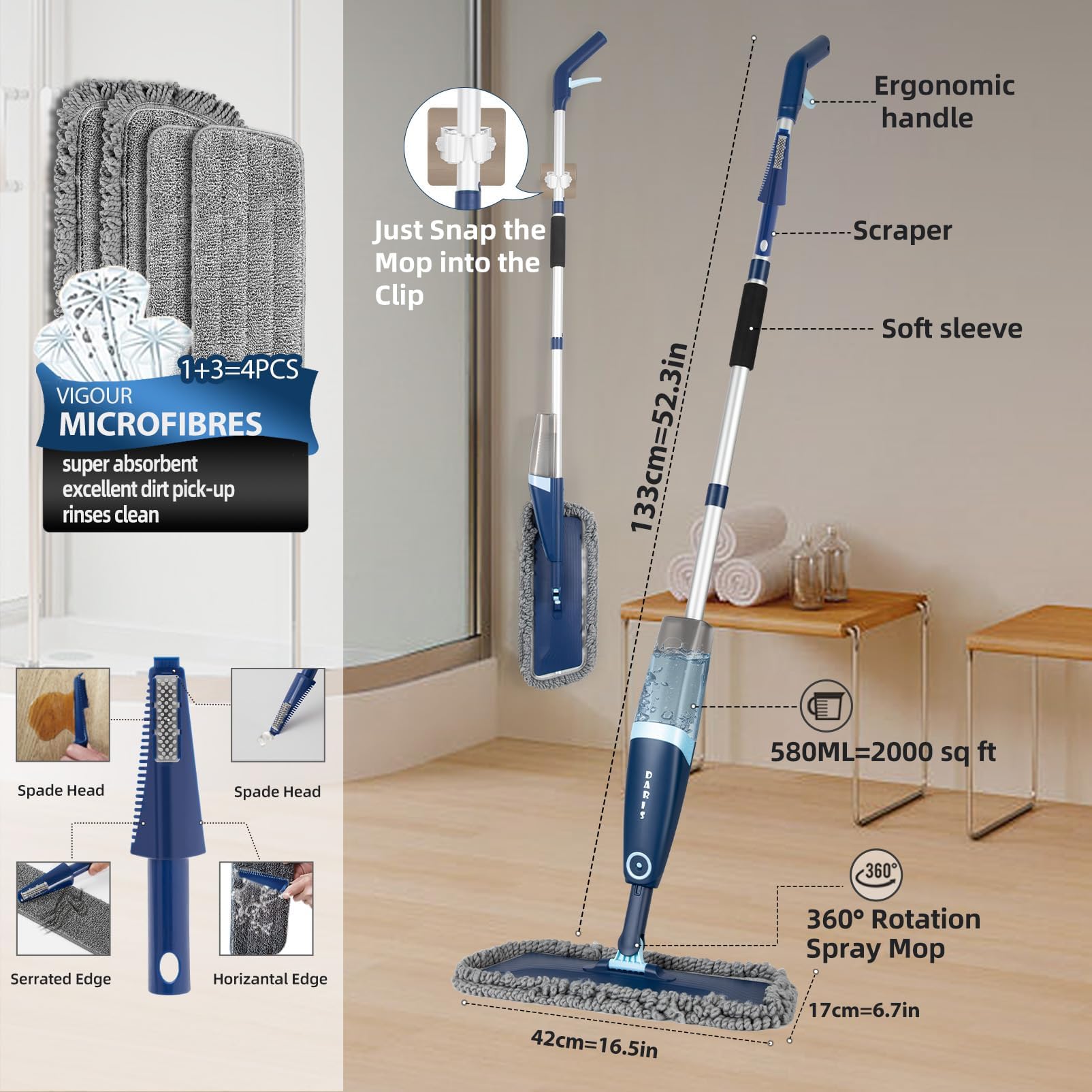 DARIS Spray Mop for Floor Cleaning - Microfiber Wet & Dry Mop with 52.3in Long Handle, 20oz Large Tank, 4 Reusable Pads - Perfect for Hardwood, Tile, Vinyl, Laminate & Ceramic Floors - Ideal for Kitchen, Bathroom & Living Room Cleaning