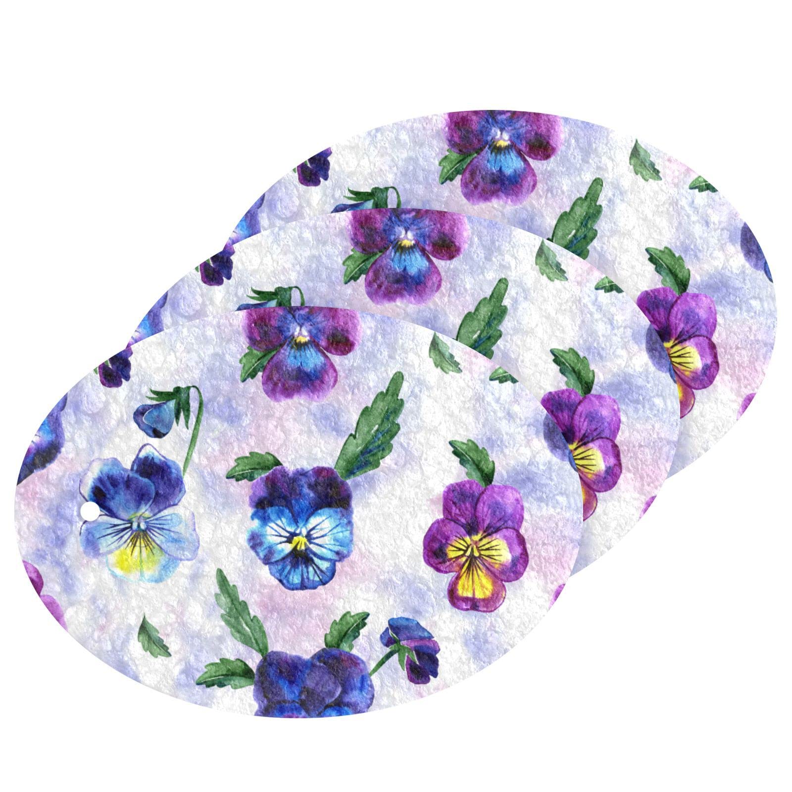 Kcldeci 3 Pack Kitchen Dish Scrub Sponge Pads - Non-Scratch Pansy Flower Design Sponges for Washing Dishes, Pots & Pans | Durable Household Cleaning Sponges for Kitchen Sink, Countertops & Cookware (Eco-Friendly & Absorbent)