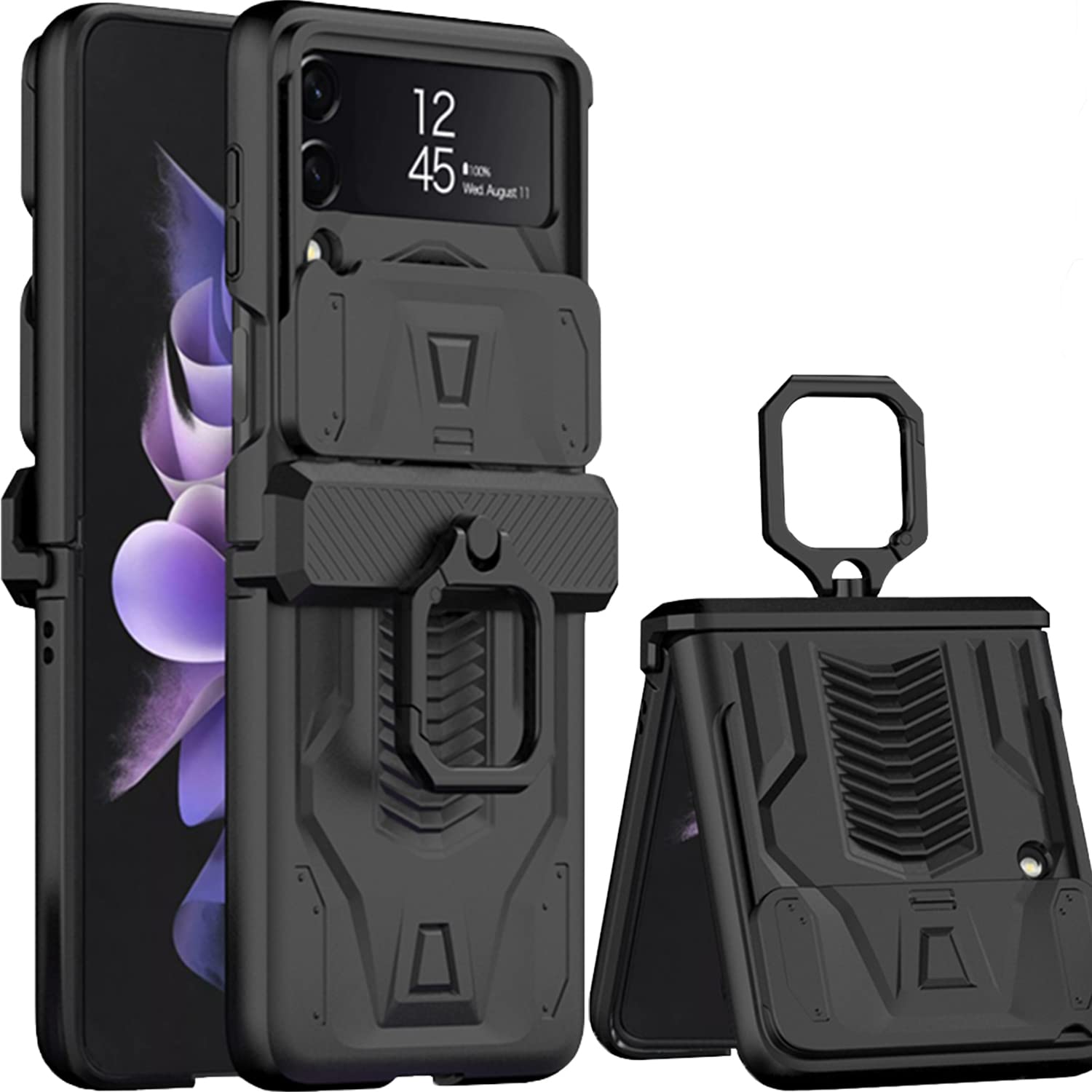 Miimall Galaxy Z Flip 3 Case with Kickstand & Ring Holder - Camera Lens Protector, Shockproof Protective Cover for Samsung Z Flip 3 (2021 Model) - Perfect for Daily Use, Travel & Outdoor Activities (Black)