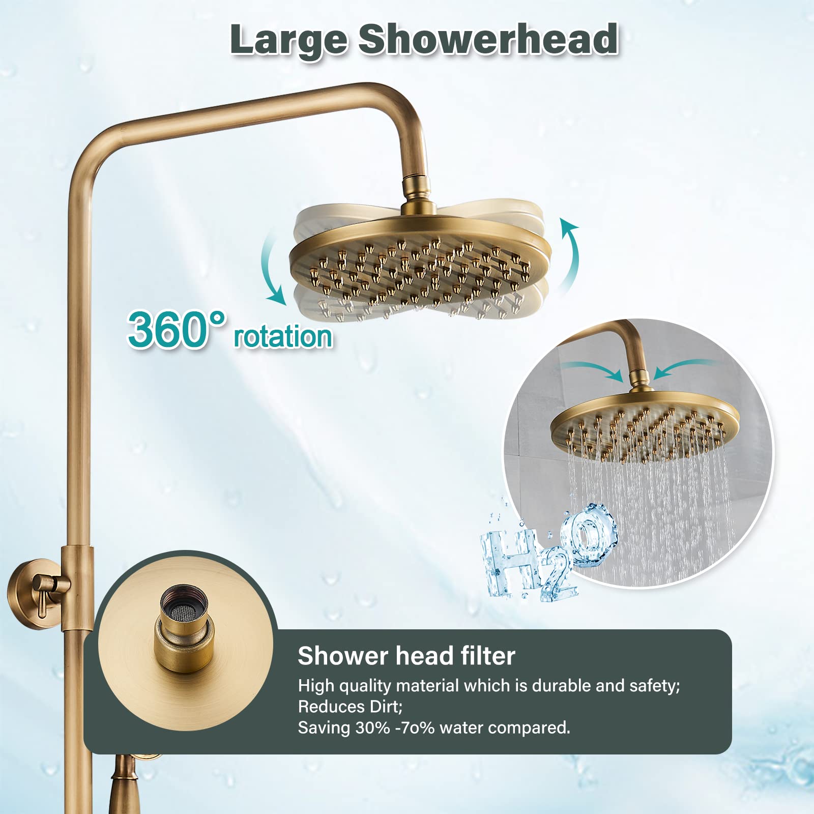 Antique Brass Shower Faucet System Set - 8 Inch Rainfall Shower Head & Handheld Spray with 2 Knobs Mixing Valve - Perfect for Bathroom Renovation & Luxury Spa Experience