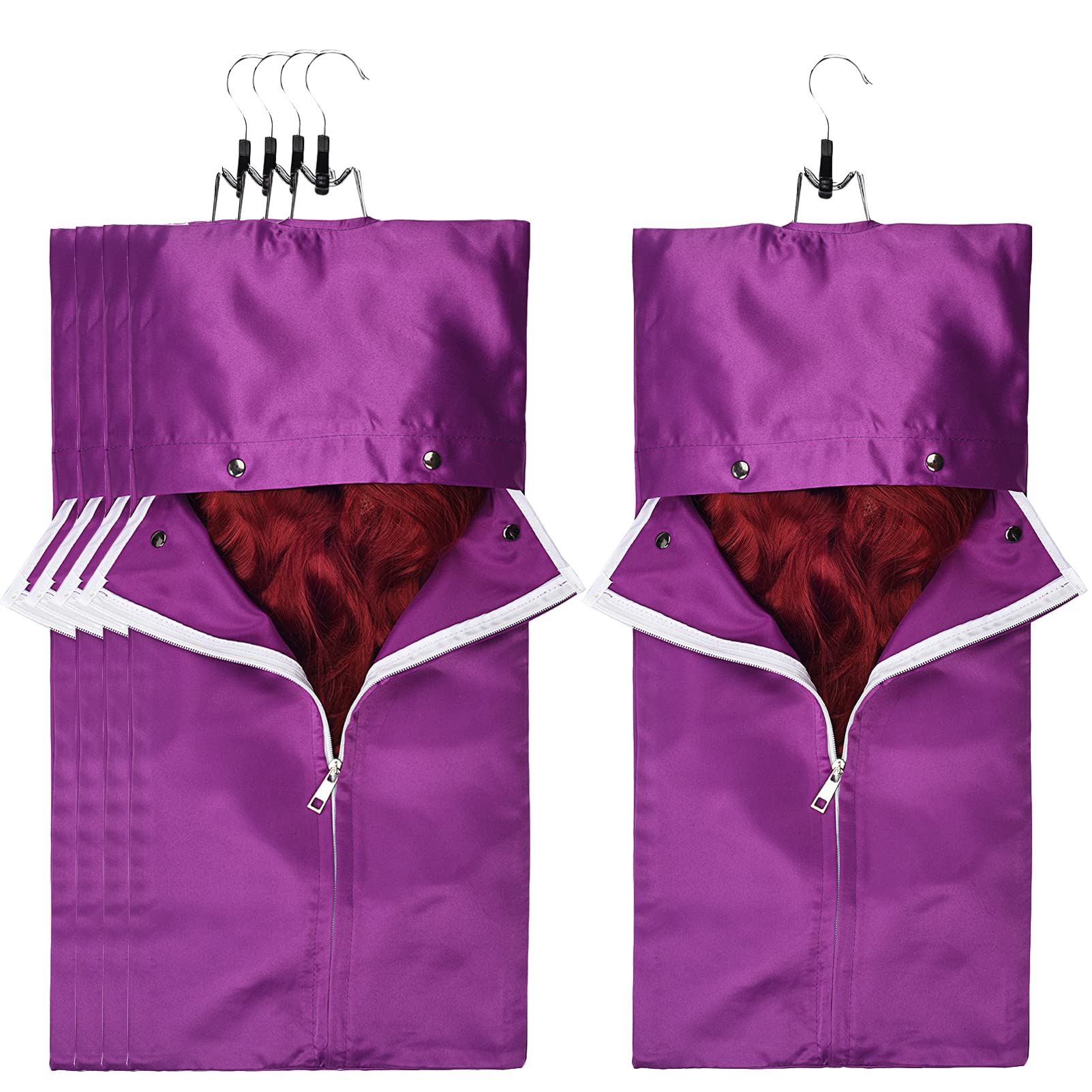 5-Pack Satin Hair Extension Storage Bags - Dustproof Folding Wig Organizer with Wooden Hangers for Home & Salon Use (Purple) | Perfect for Travel, Cosplay & Daily Hair Care Organization