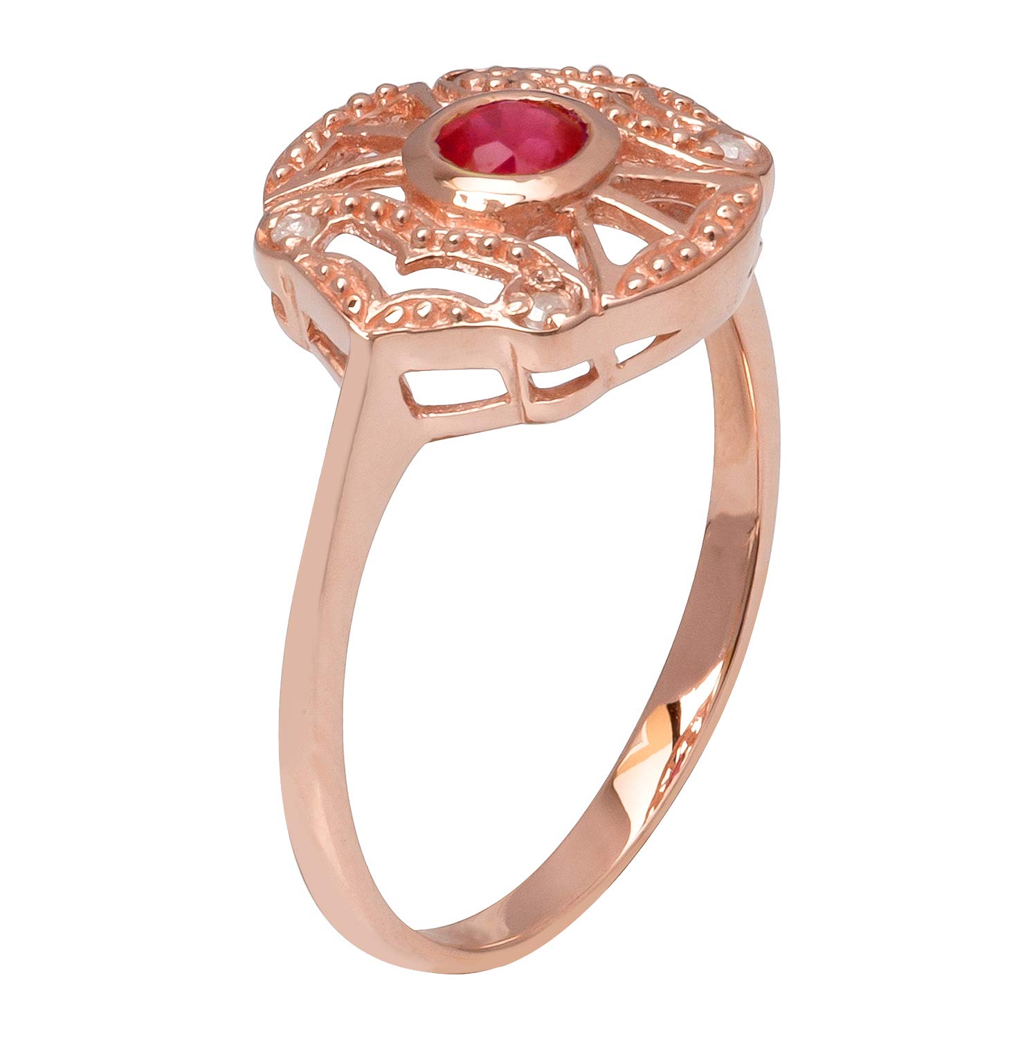 10K Rose Gold Vintage Style Genuine Round Ruby and Diamond Accent Ring for Women - Elegant Bridal, Anniversary, or Valentine's Day Gift Jewelry