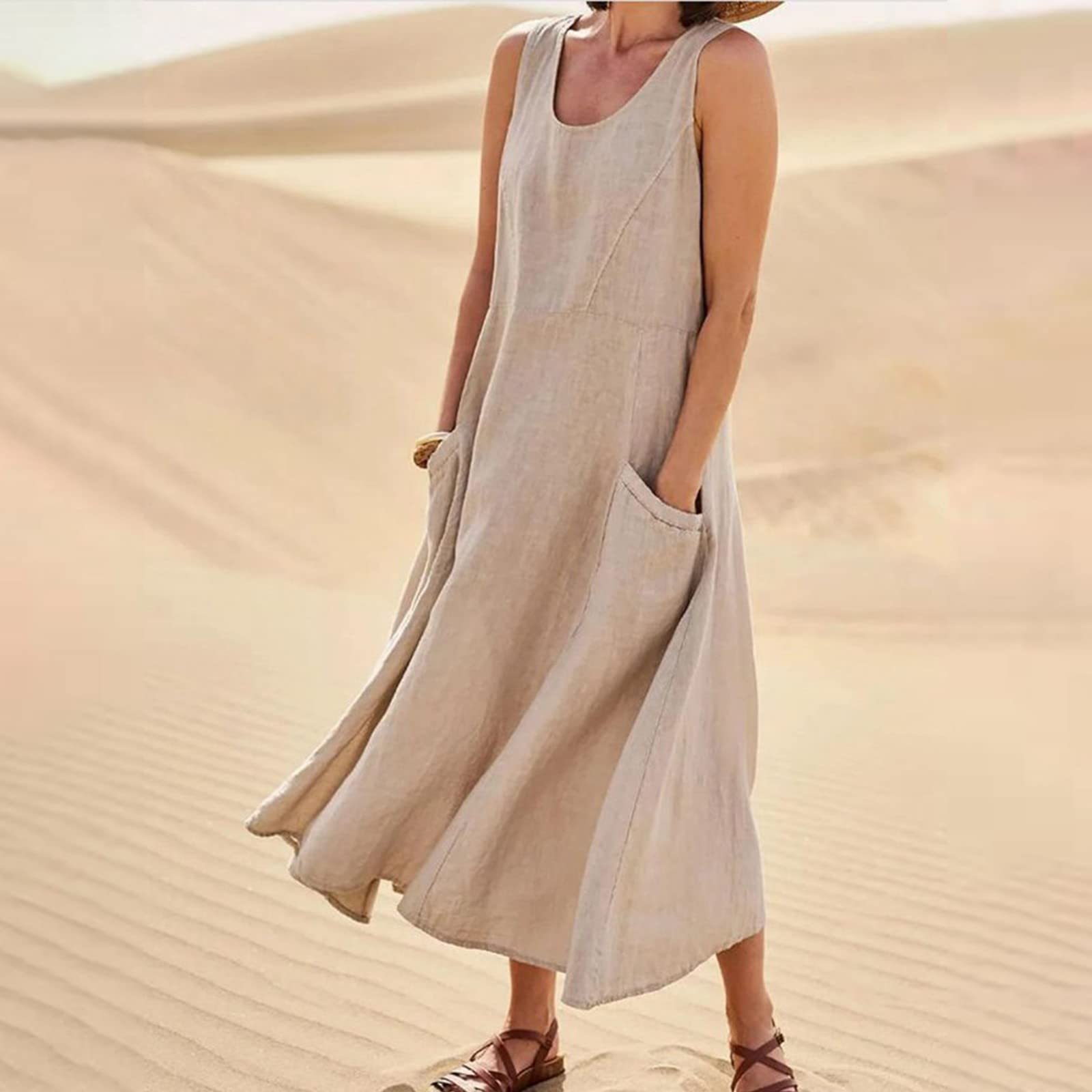 Women's Summer Casual Cocktail Dress - Sleeveless Cotton Linen Pocket Dress in Solid Colors | Perfect for Garden Parties, Brunch Dates & Summer Vacations