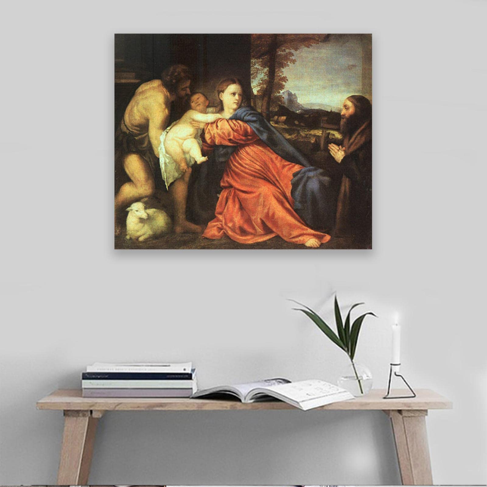 Titian Holy Family and Donor Reproduction - Classic Oil Painting Wall Art Print on Canvas - Wood Framed Ready to Hang 31.5x44.1 inches - Perfect for Living Room, Bedroom & Office Decor