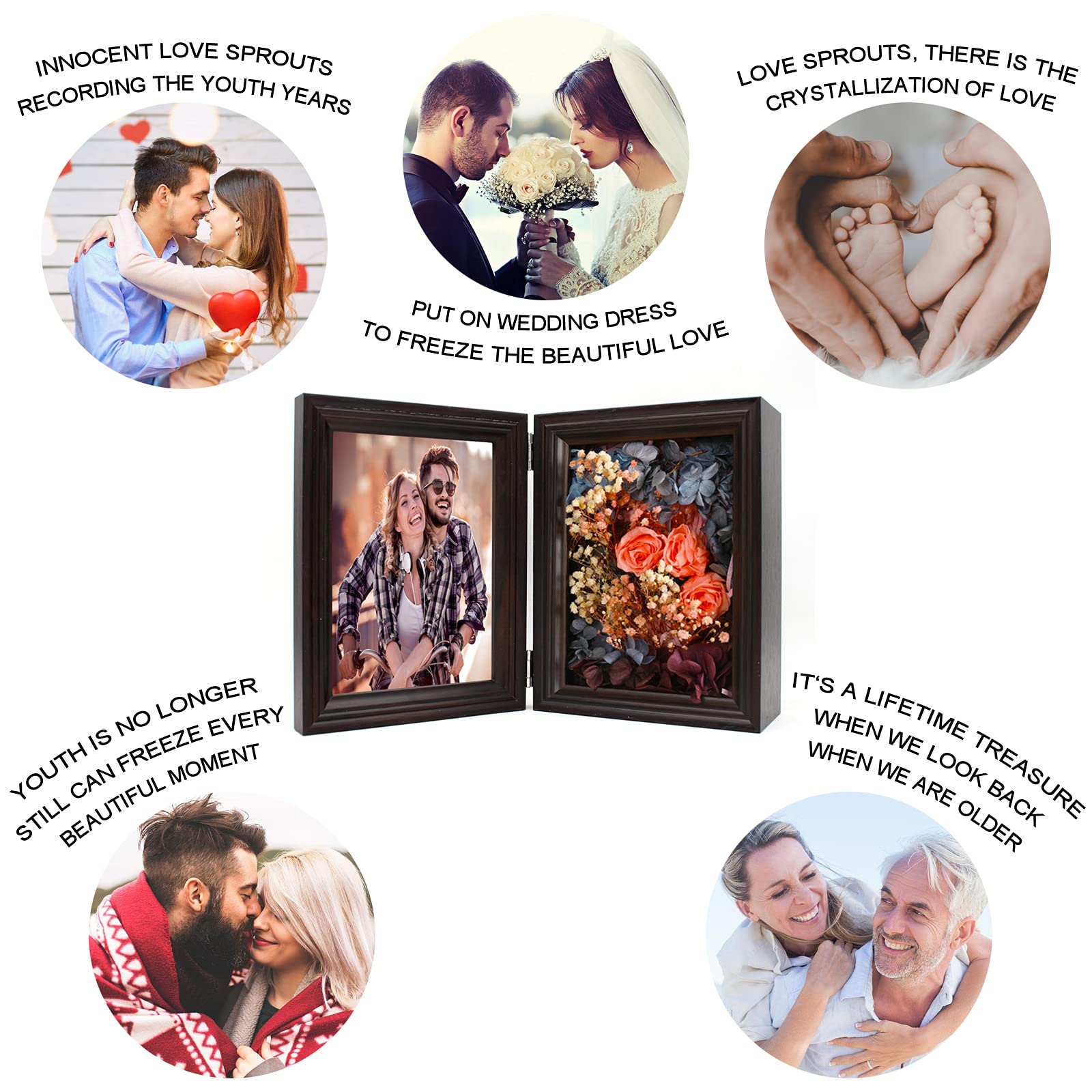 5x7 Double Hinged Picture Frame - Black Walnut Wedding Bouquet Shadow Box Display Case with Glass Front for Tabletop Vertical Stand | Perfect for Wedding Memorabilia, Anniversary Gifts & Home Decor