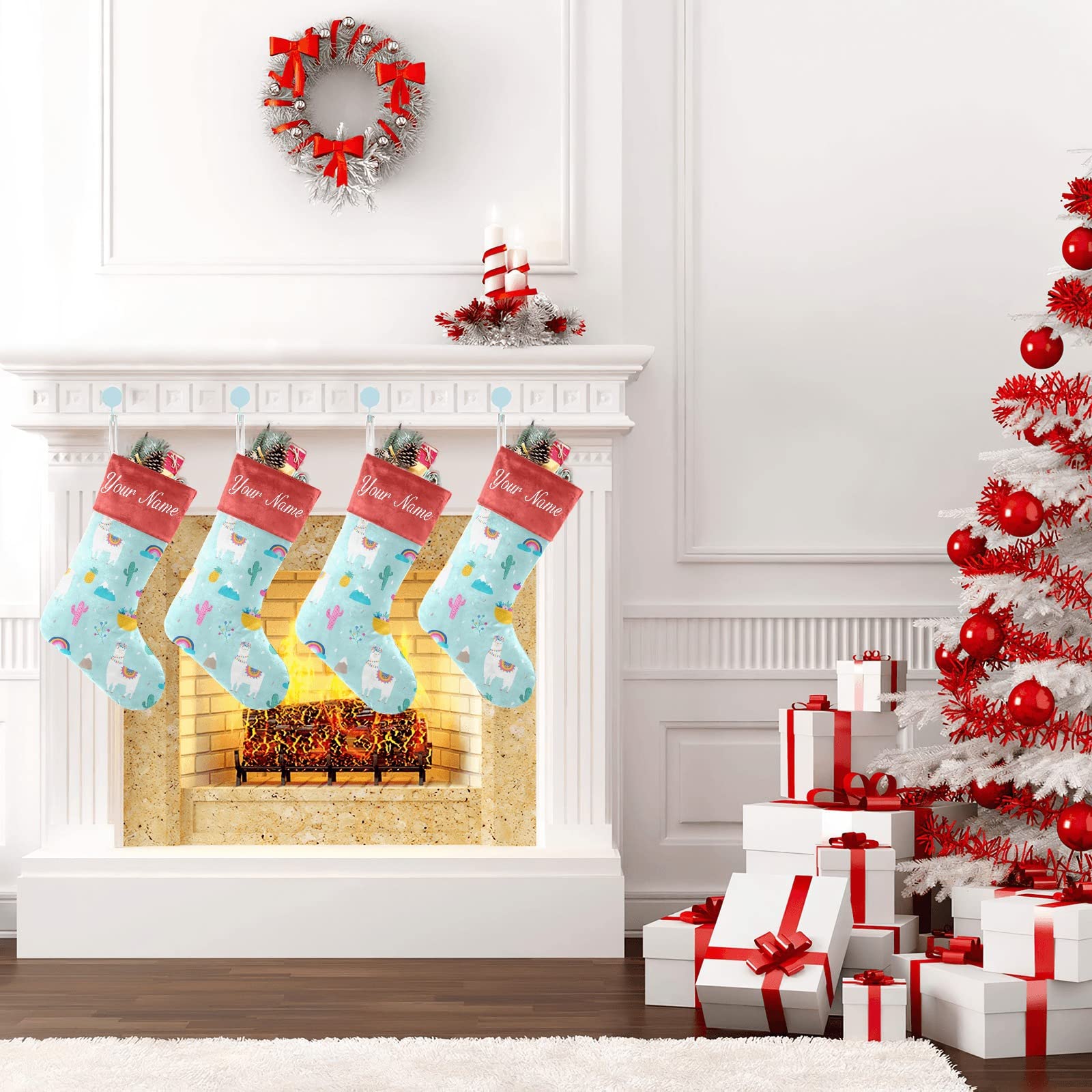 Custom Personalized Llama Alpaca Christmas Stockings with Cactus Leaves Design - 17.52 x 7.87 Inch Holiday Decor for Family Party, Gift Exchange & Fireplace Mantel Decoration