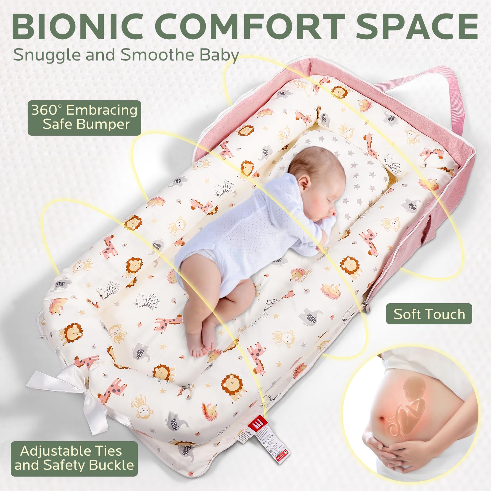 **Portable Baby Lounger & Diaper Bag for Newborns 0-12 Months - 100% Cotton Breathable Foldable Travel Nest Bed for Infants & Toddlers - Perfect for Nursery, Travel, Park & Outdoor Use (Pink Print)**