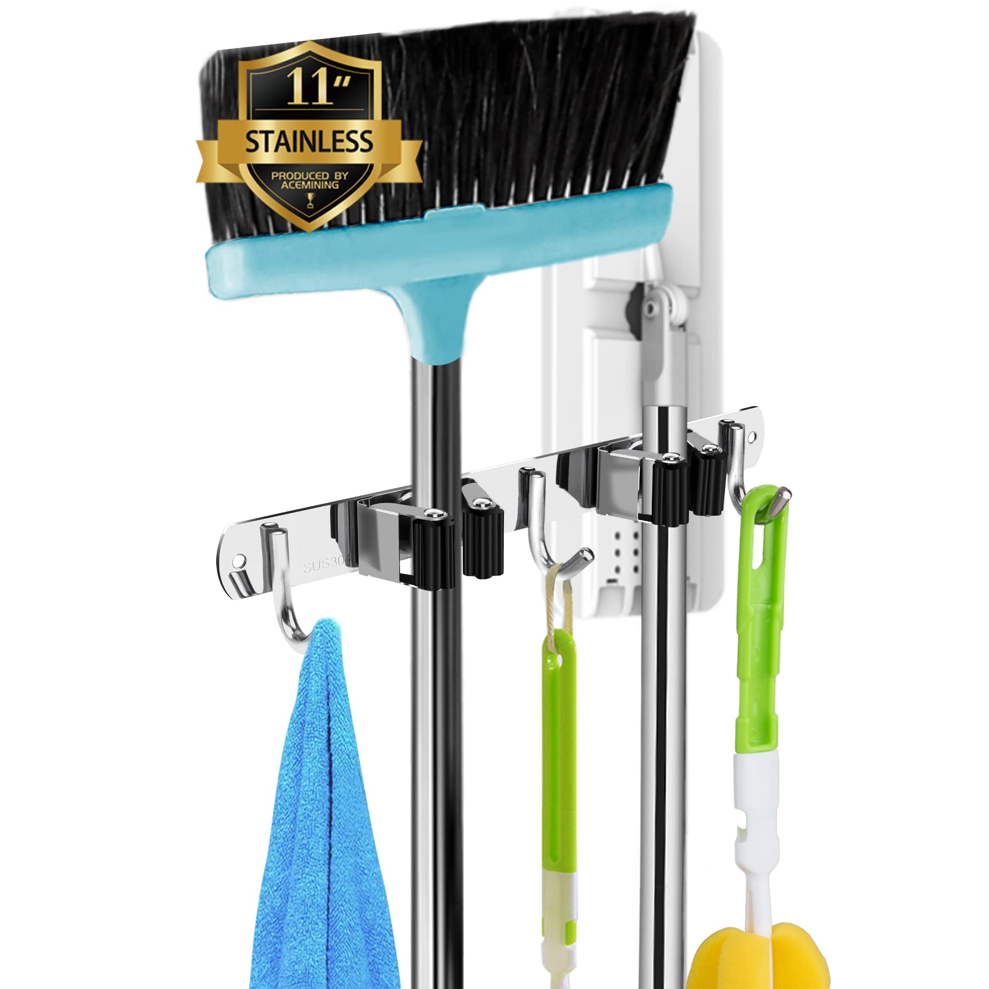 2-Pack Heavy Duty Stainless Steel Wall Mounted Broom and Mop Holder with 3 Hooks - Garage, Kitchen, Laundry Organizer - Self-Adhesive & Non-Slip Storage Rack for Home, Garden Tools - Space Saving Solution for Brooms, Mops, and Cleaning Supplies