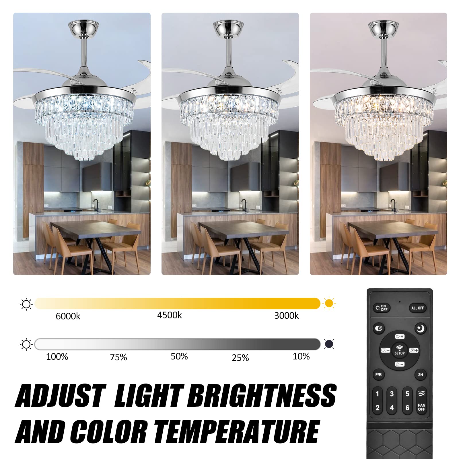 42 Inch Crystal Ceiling Fan with LED Light - Dimmable Modern Chandelier Fan, 6 Speed Retractable Blades for Bedroom, Living Room & Dining Room | Energy Efficient Cooling & Elegant Lighting Solution for Home Decor
