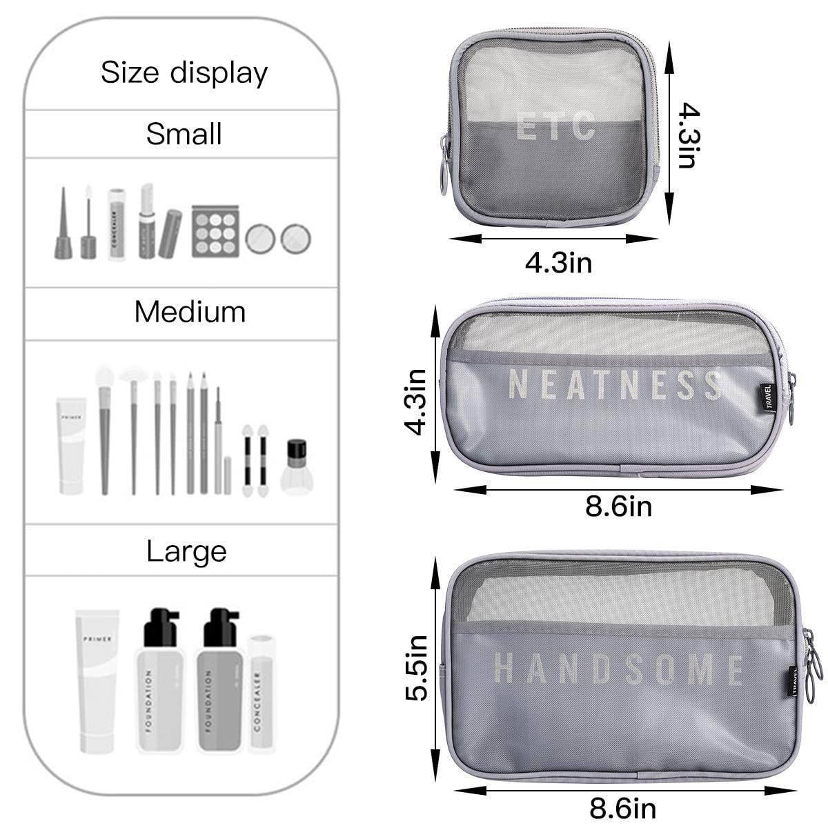 Jarvis Set of 3 Mesh Cosmetic Organizer Makeup Bags - Travel Toiletry Kit for Men & Women (Grey) - Perfect for Bathroom, Vanity & Suitcase Organization